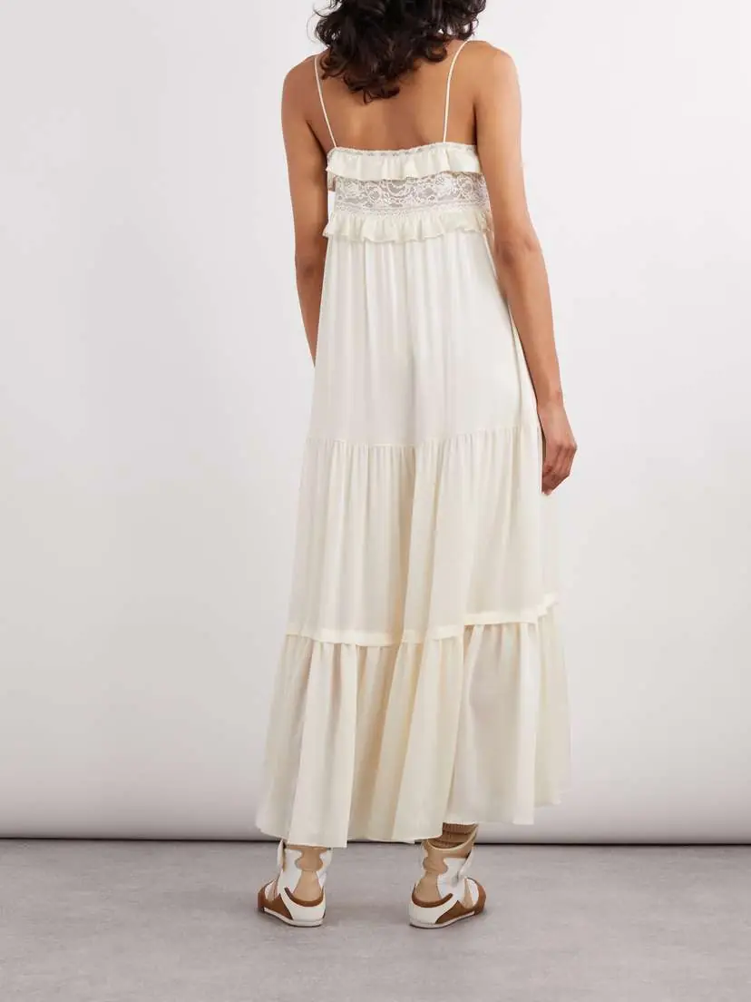 Chloé Lace-trimmed Tiered Ruffled Crepe De Chine Midi Dress | Thumbnail 3 Chloé Lace-trimmed Tiered Ruffled Crepe De Chine Midi Dress | Thumbnail 3