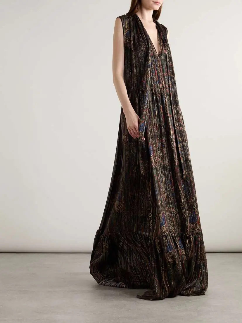 Saint Laurent Pleated Tiered Paisley-print Metallic Silk-blend Georgette Maxi Dress | Thumbnail 2 Saint Laurent Pleated Tiered Paisley-print Metallic Silk-blend Georgette Maxi Dress | Thumbnail 2