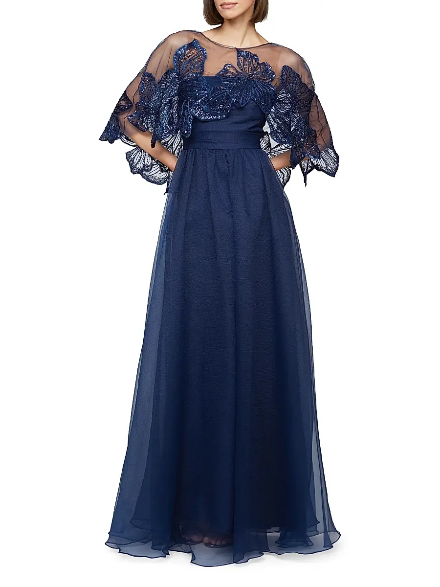THEIA Women's Ginny Embellished Organza Capelet Gown | Thumbnail 3 THEIA Women's Ginny Embellished Organza Capelet Gown | Thumbnail 3