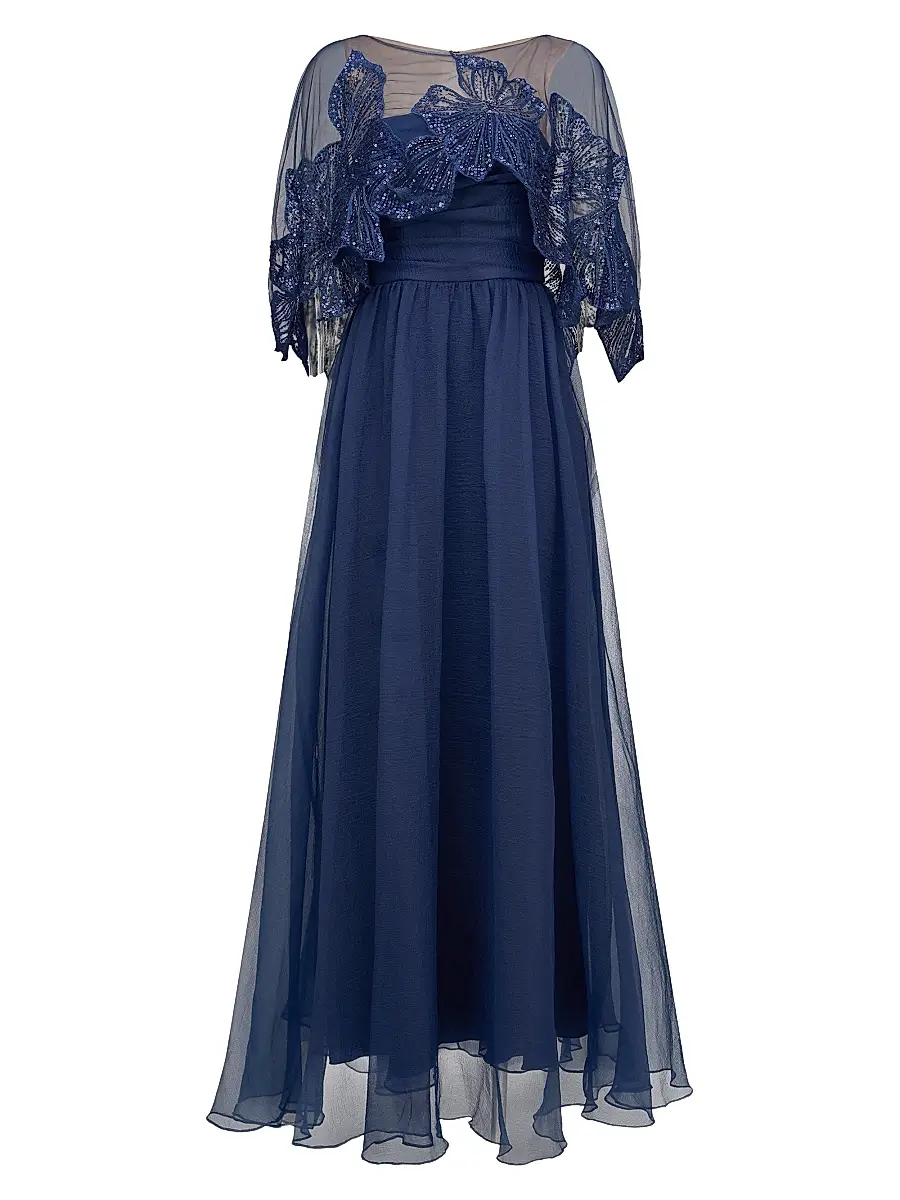 THEIA Women's Ginny Embellished Organza Capelet Gown