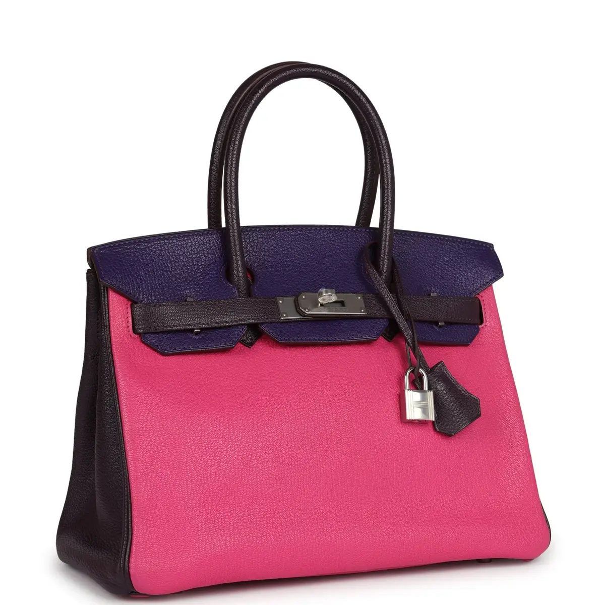 HERMÈS Pre-owned Hermes Special Order (HSS) Birkin 30 Tri-color Raisin, Ultraviolet and Rose Shocking Chevre Palladium Hardware | Thumbnail 2 HERMÈS Pre-owned Hermes Special Order (HSS) Birkin 30 Tri-color Raisin, Ultraviolet and Rose Shocking Chevre Palladium Hardware | Thumbnail 2