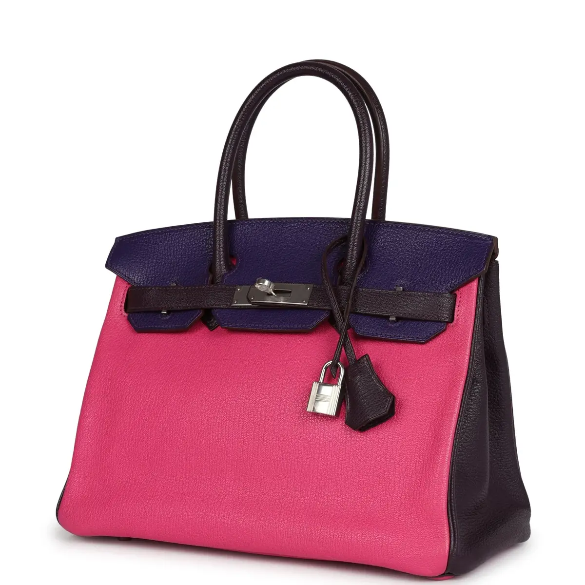 HERMÈS Pre-owned Hermes Special Order (HSS) Birkin 30 Tri-color Raisin, Ultraviolet and Rose Shocking Chevre Palladium Hardware | Thumbnail 5 HERMÈS Pre-owned Hermes Special Order (HSS) Birkin 30 Tri-color Raisin, Ultraviolet and Rose Shocking Chevre Palladium Hardware | Thumbnail 5