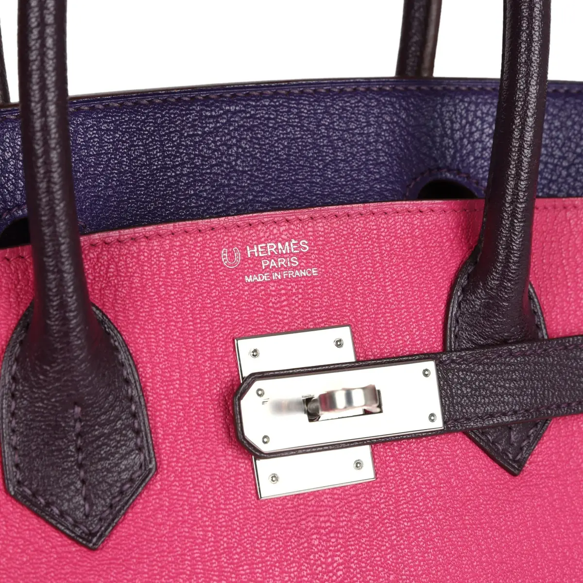HERMÈS Pre-owned Hermes Special Order (HSS) Birkin 30 Tri-color Raisin, Ultraviolet and Rose Shocking Chevre Palladium Hardware | Thumbnail 7 HERMÈS Pre-owned Hermes Special Order (HSS) Birkin 30 Tri-color Raisin, Ultraviolet and Rose Shocking Chevre Palladium Hardware | Thumbnail 7