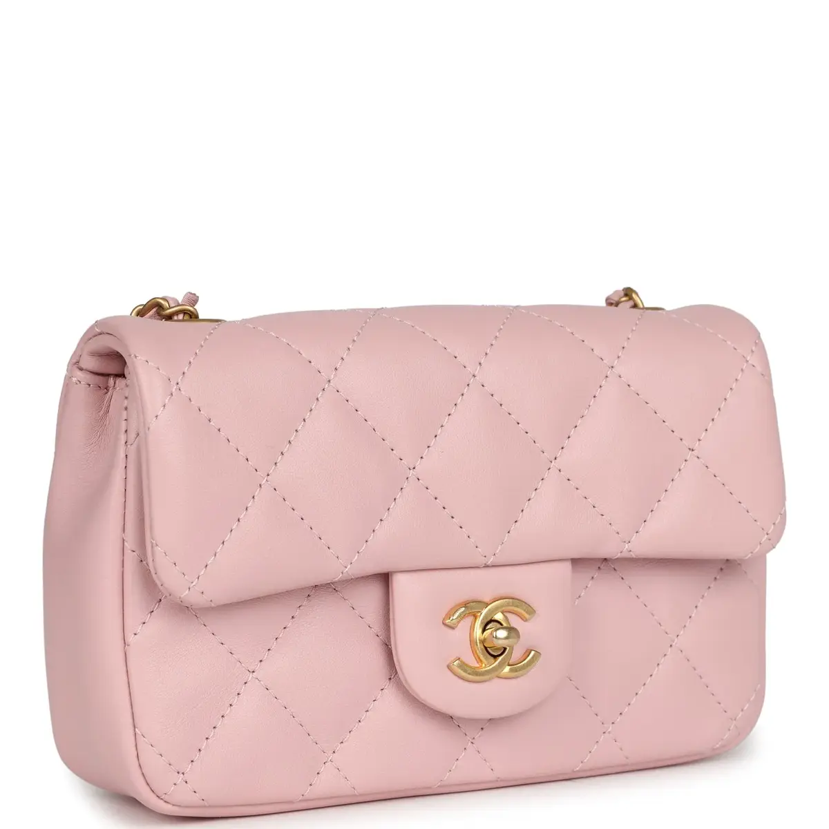 Chanel Pre-owned Chanel Mini Rectangular Flap Bag with Heart Chain Pink Lambskin Antique Gold Hardware | Thumbnail 2 Chanel Pre-owned Chanel Mini Rectangular Flap Bag with Heart Chain Pink Lambskin Antique Gold Hardware | Thumbnail 2
