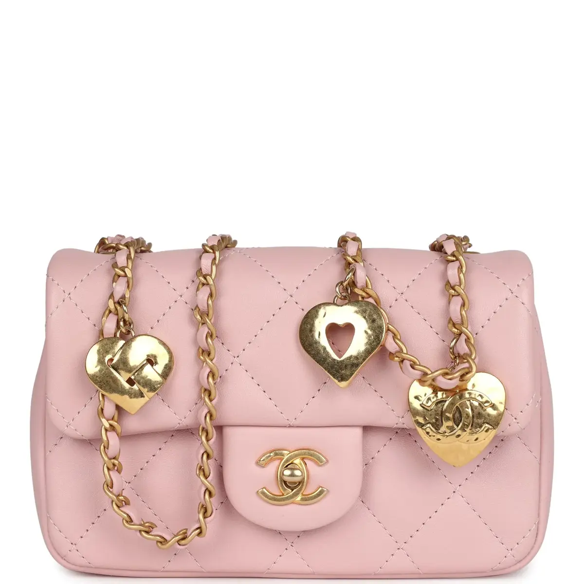 Chanel Pre-owned Chanel Mini Rectangular Flap Bag with Heart Chain Pink Lambskin Antique Gold Hardware | Thumbnail 1 Chanel Pre-owned Chanel Mini Rectangular Flap Bag with Heart Chain Pink Lambskin Antique Gold Hardware | Thumbnail 1