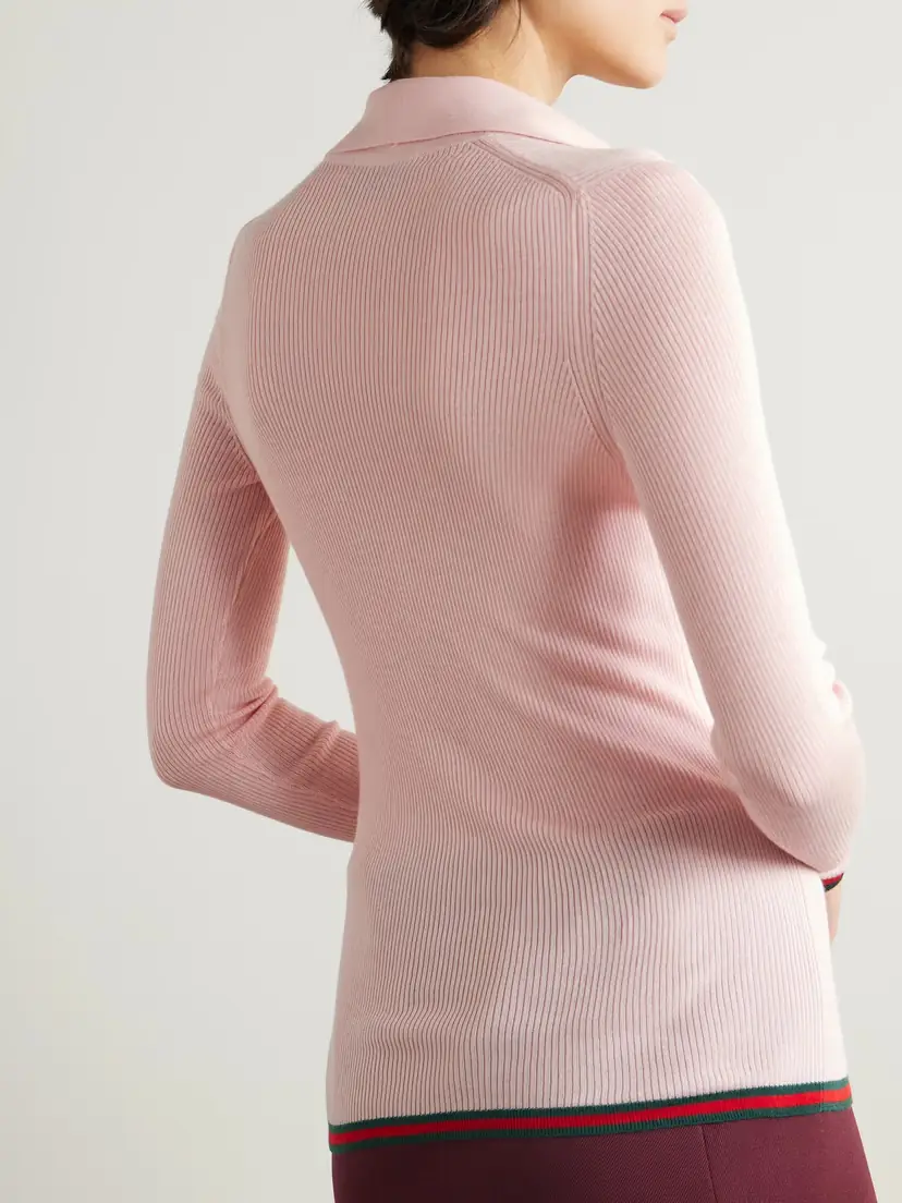 Gucci Striped Ribbed Cashmere And Silk-blend Polo Shirt | Thumbnail 4 Gucci Striped Ribbed Cashmere And Silk-blend Polo Shirt | Thumbnail 4