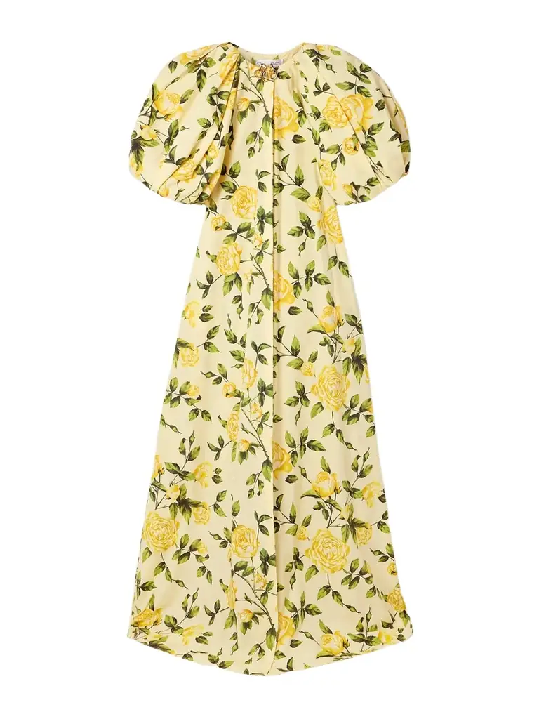 Embellished Gathered Floral-print Cotton-blend Poplin Gown