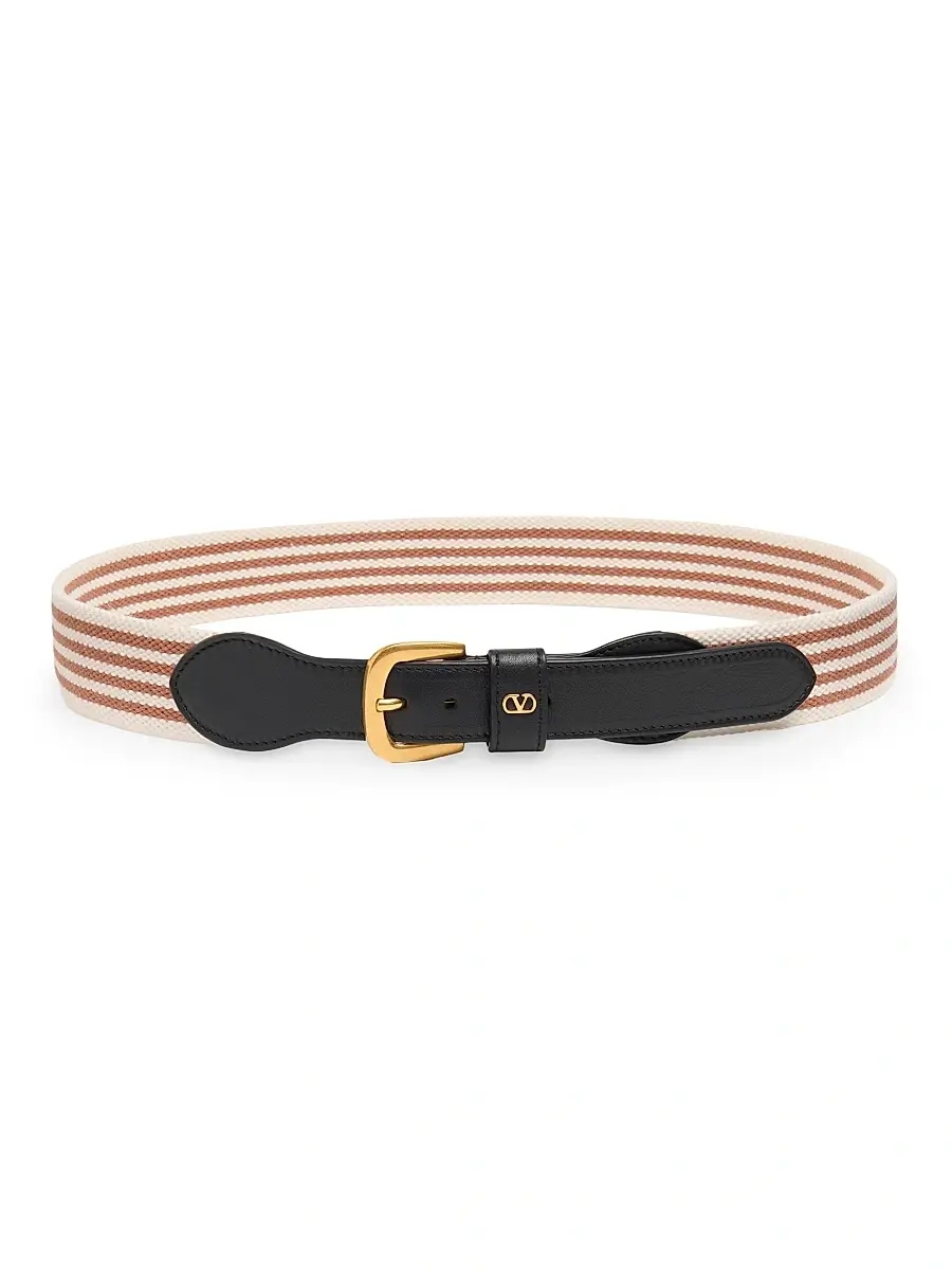 Valentino Men's VLogo Signature Belt in Ribbon and Calfskin 35MM - White Testa Di Moro Black