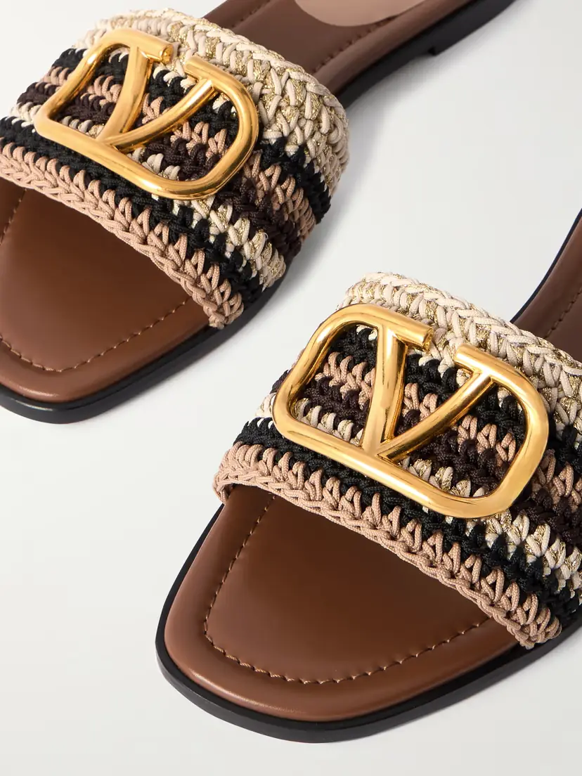 Valentino Garavani Vlogo Leather-trimmed Crocheted Slides | Thumbnail 4 Valentino Garavani Vlogo Leather-trimmed Crocheted Slides | Thumbnail 4