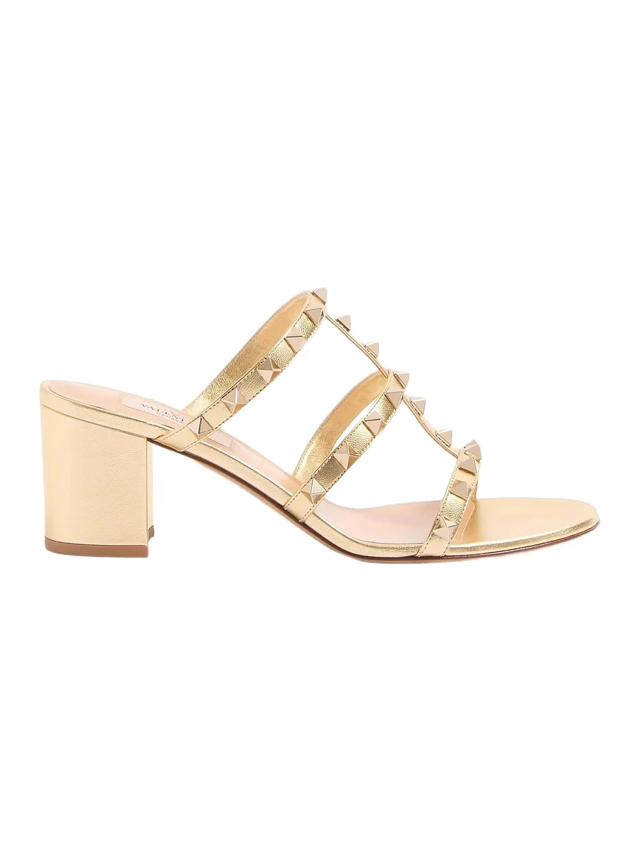 Women's Rockstud 60MM Slide Sandals in Laminated Nappa - Antique Brass Women's Rockstud 60MM Slide Sandals in Laminated Nappa - Antique Brass