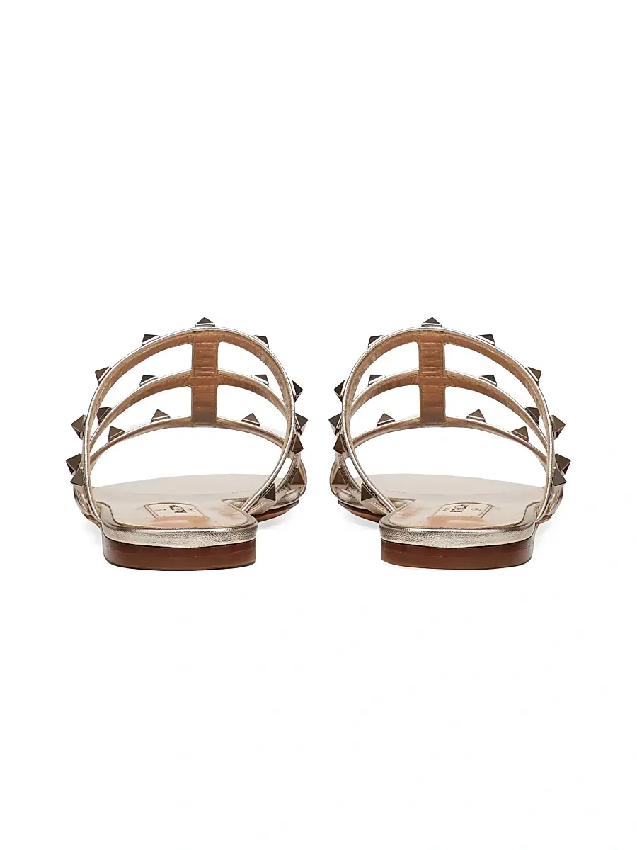 Valentino Garavani Women's Rockstud Flat Metallic Nappa Slide Sandals - Skin | Thumbnail 3