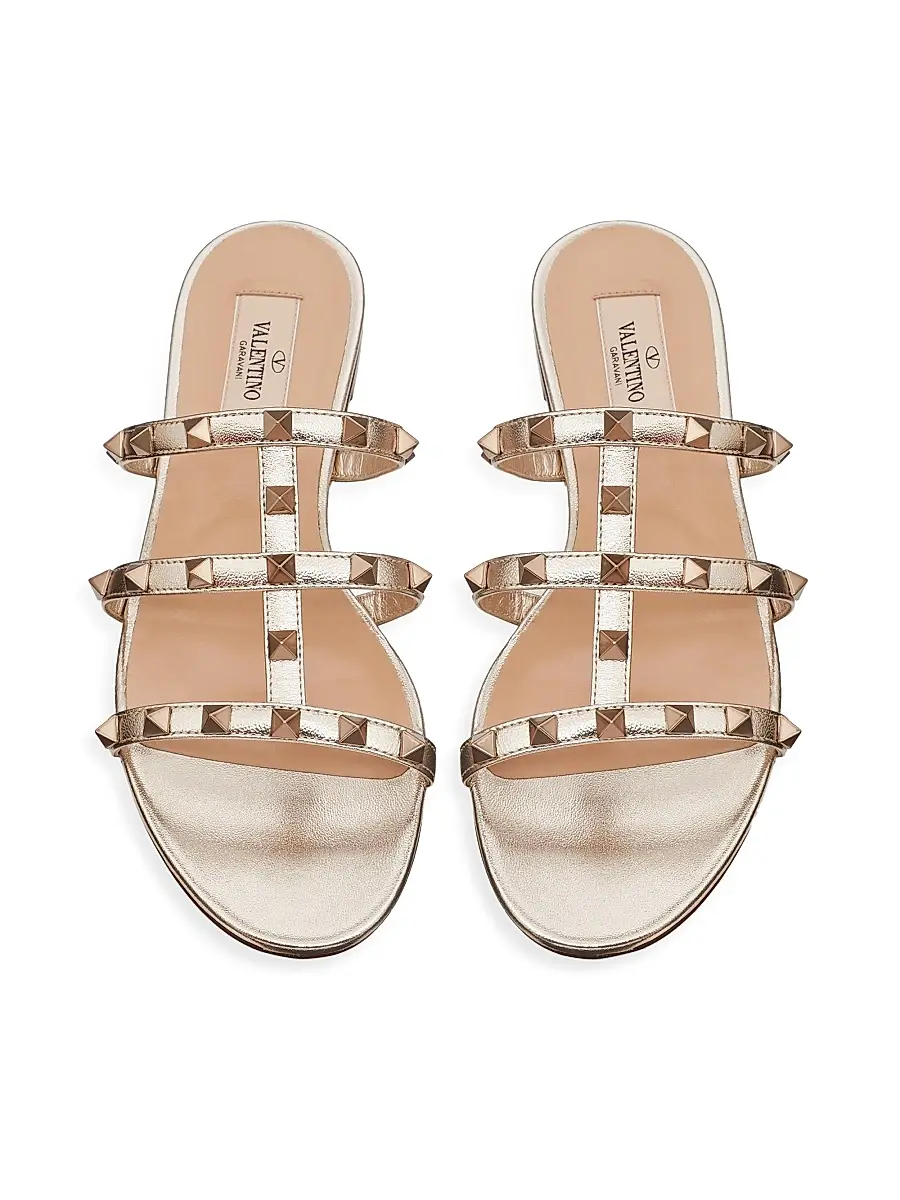 Valentino Garavani Women's Rockstud Flat Metallic Nappa Slide Sandals - Skin | Thumbnail 4