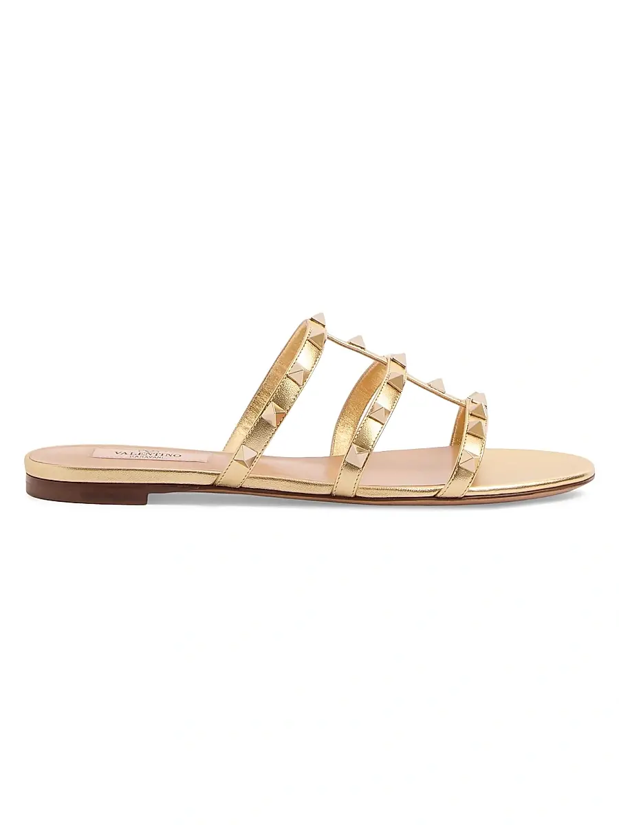 Valentino Garavani Women's Rockstud Flat Metallic Nappa Slide Sandals - Skin | Thumbnail 7