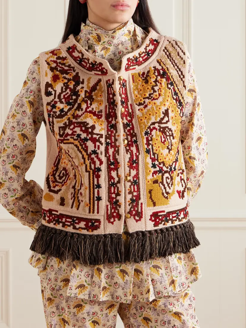 Valentino Garavani Fringed Embroidered Wool Vest | Thumbnail 3