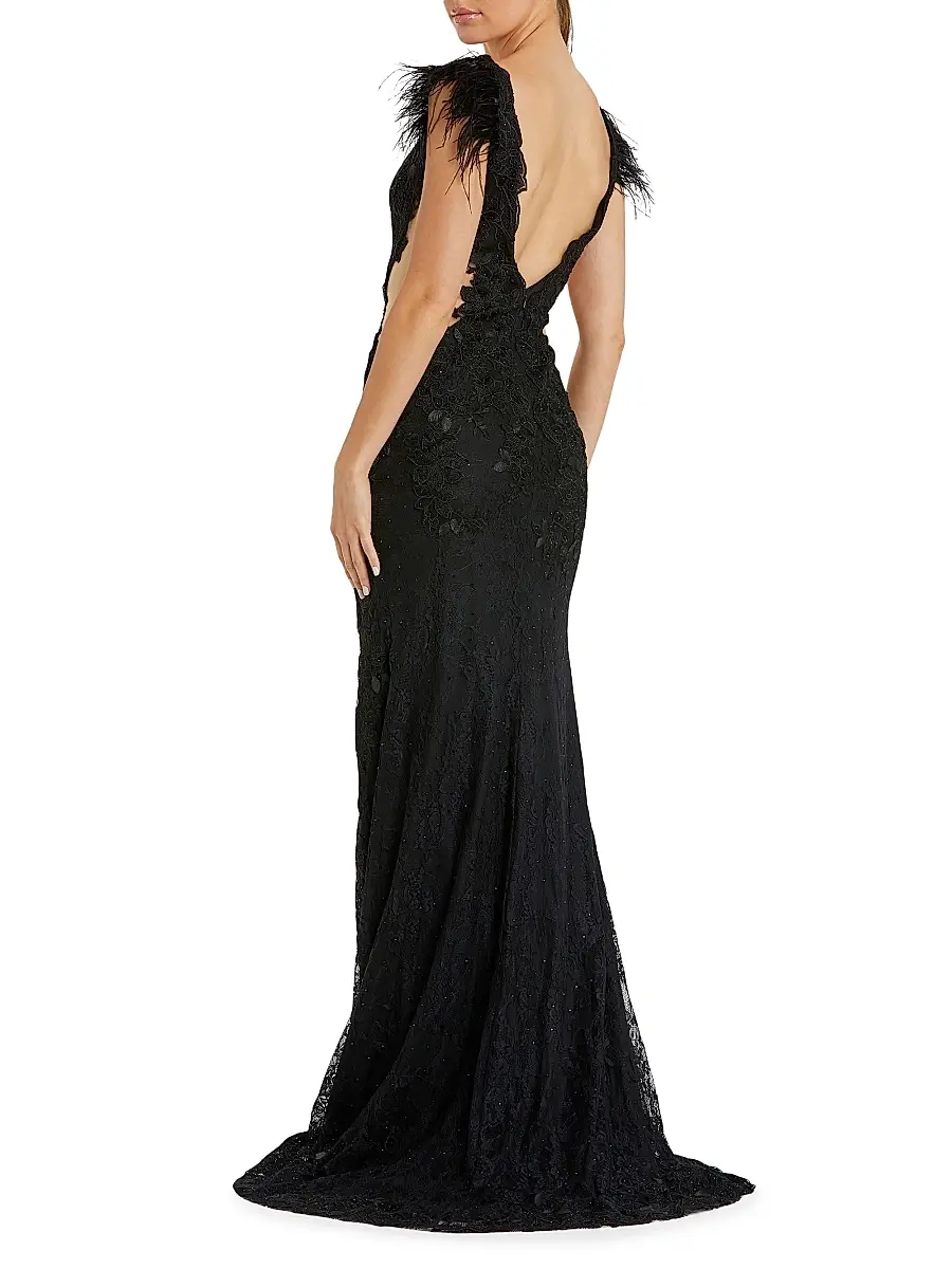 Mac Duggal Women's Feather-Trimmed Lace Wrap Gown | Thumbnail 2 Mac Duggal Women's Feather-Trimmed Lace Wrap Gown | Thumbnail 2
