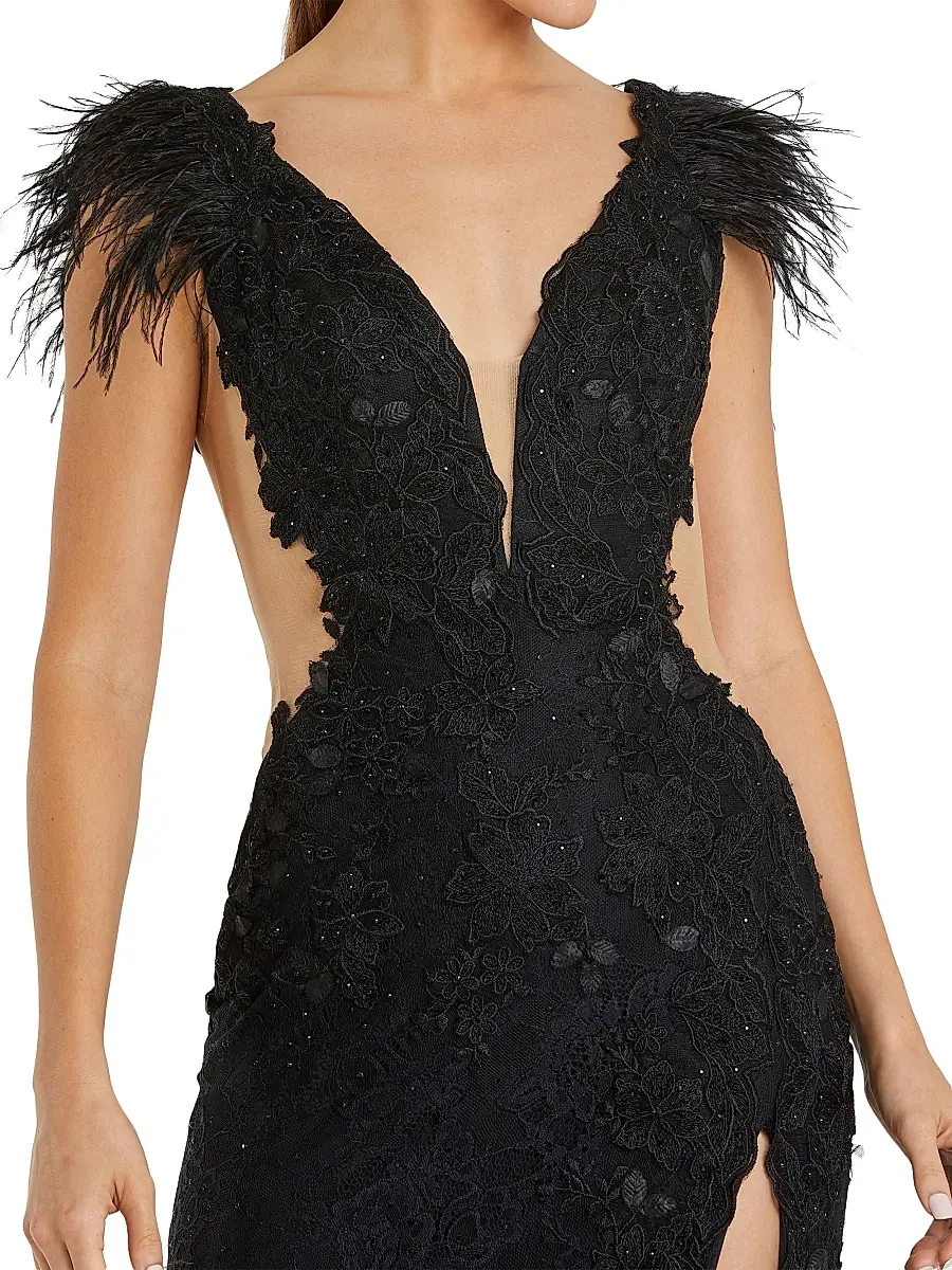 Mac Duggal Women's Feather-Trimmed Lace Wrap Gown | Thumbnail 3 Mac Duggal Women's Feather-Trimmed Lace Wrap Gown | Thumbnail 3