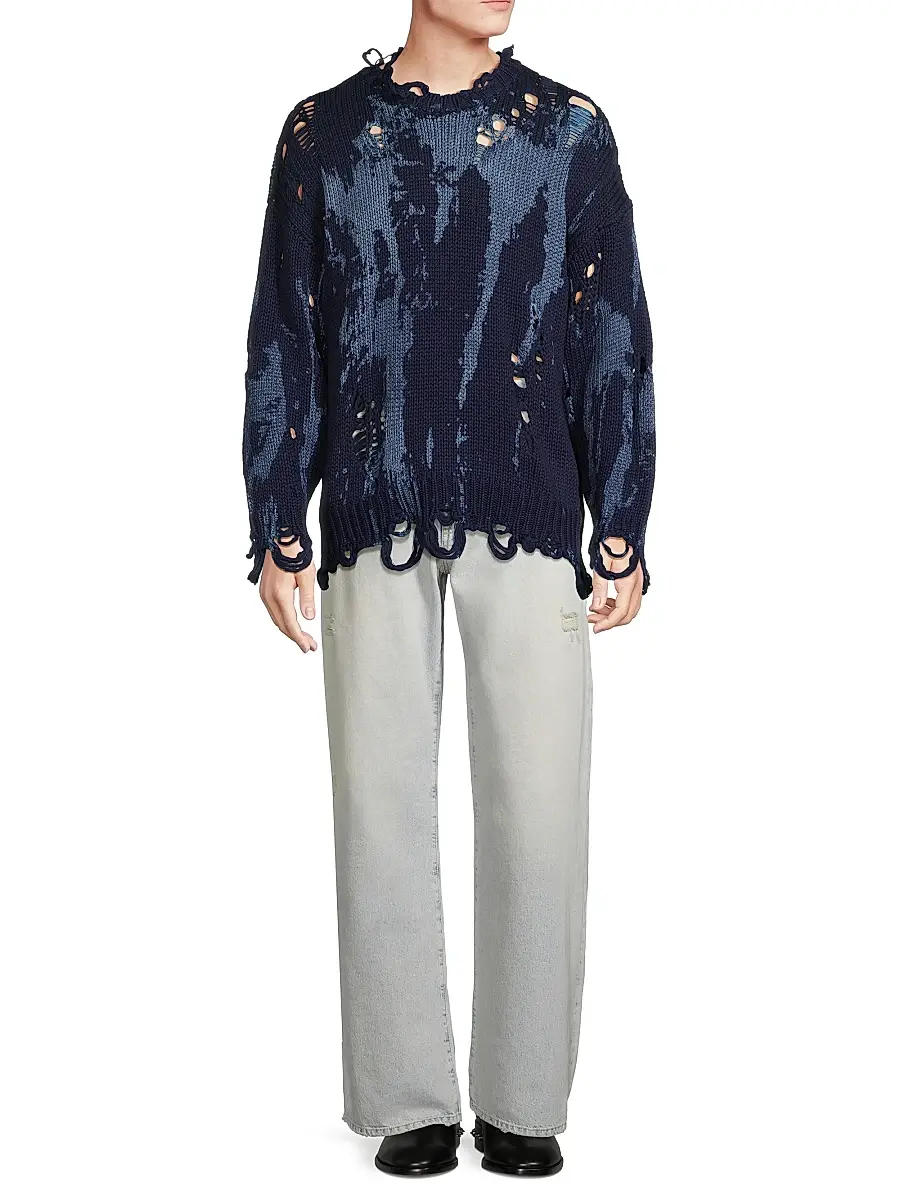 R13 Men's Distressed Cotton Oversized Sweater - Blue Splatter | Thumbnail 2