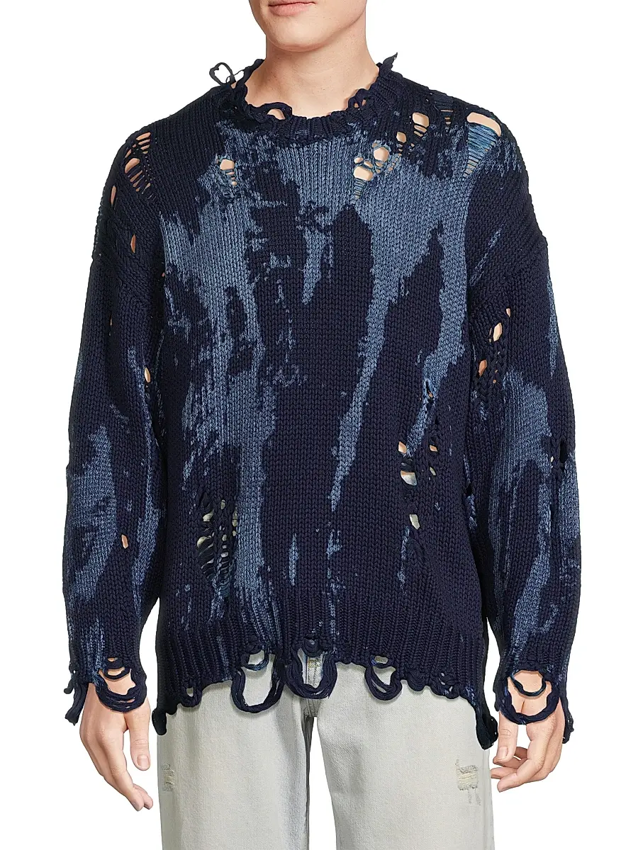 R13 Men's Distressed Cotton Oversized Sweater - Blue Splatter | Thumbnail 3