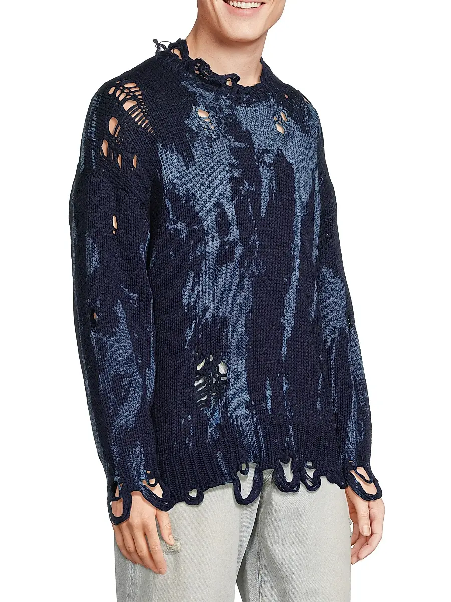 R13 Men's Distressed Cotton Oversized Sweater - Blue Splatter | Thumbnail 4
