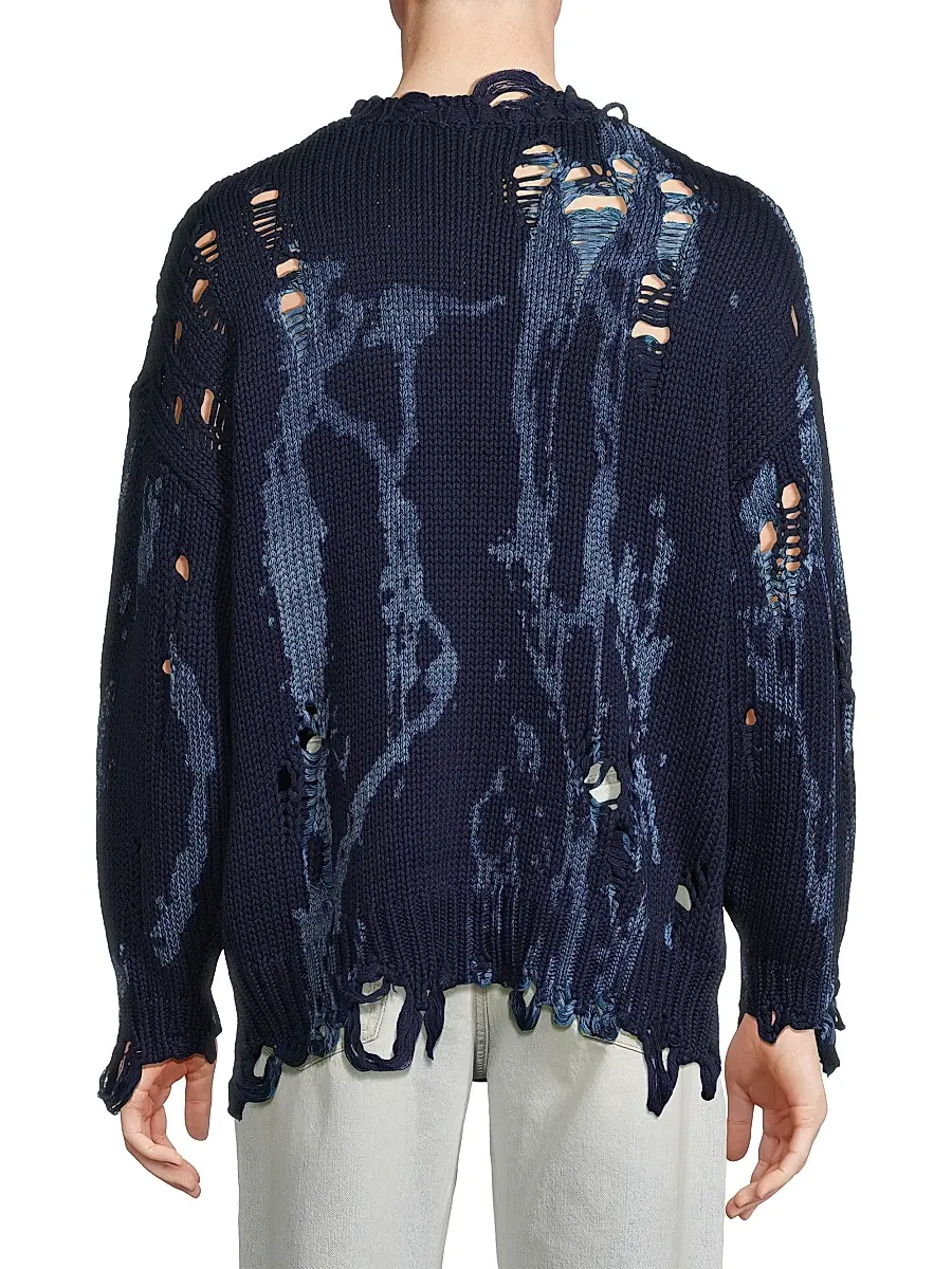 R13 Men's Distressed Cotton Oversized Sweater - Blue Splatter | Thumbnail 5