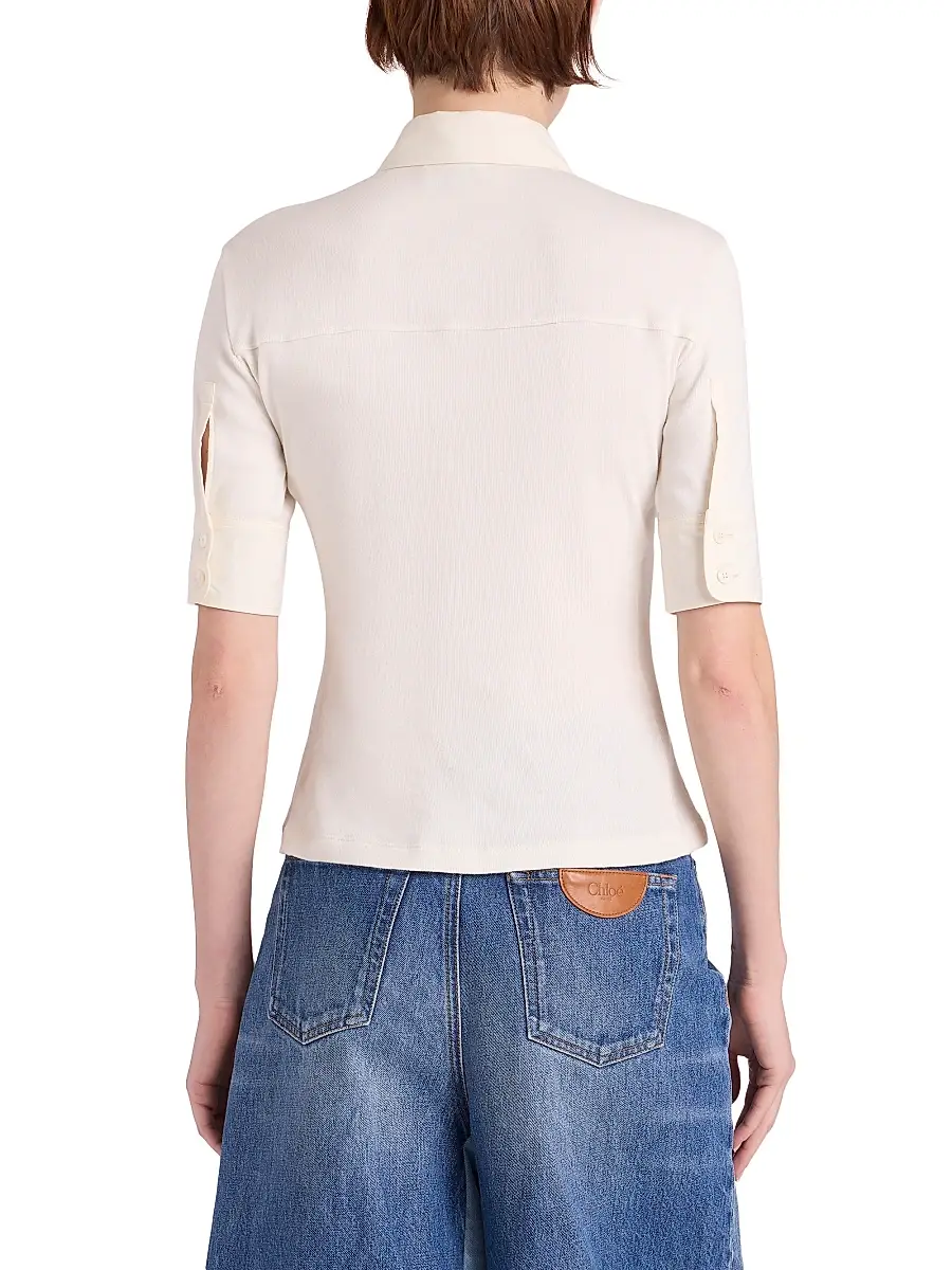 Chloé Women's Cotton Rib-Knit Polo Shirt - Coconut Milk | Thumbnail 5 Chloé Women's Cotton Rib-Knit Polo Shirt - Coconut Milk | Thumbnail 5
