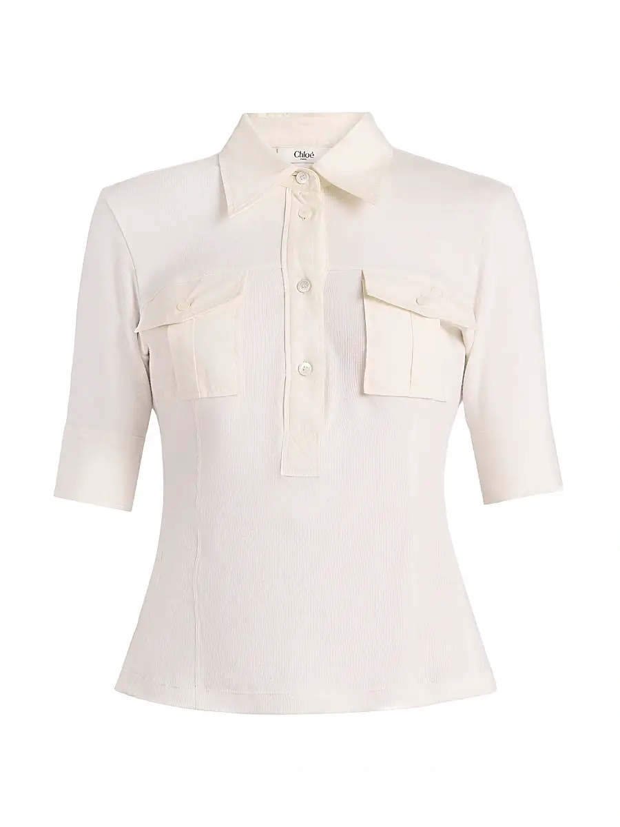 Chloé Women's Cotton Rib-Knit Polo Shirt - Coconut Milk | Image 1 Chloé Women's Cotton Rib-Knit Polo Shirt - Coconut Milk | Image 1