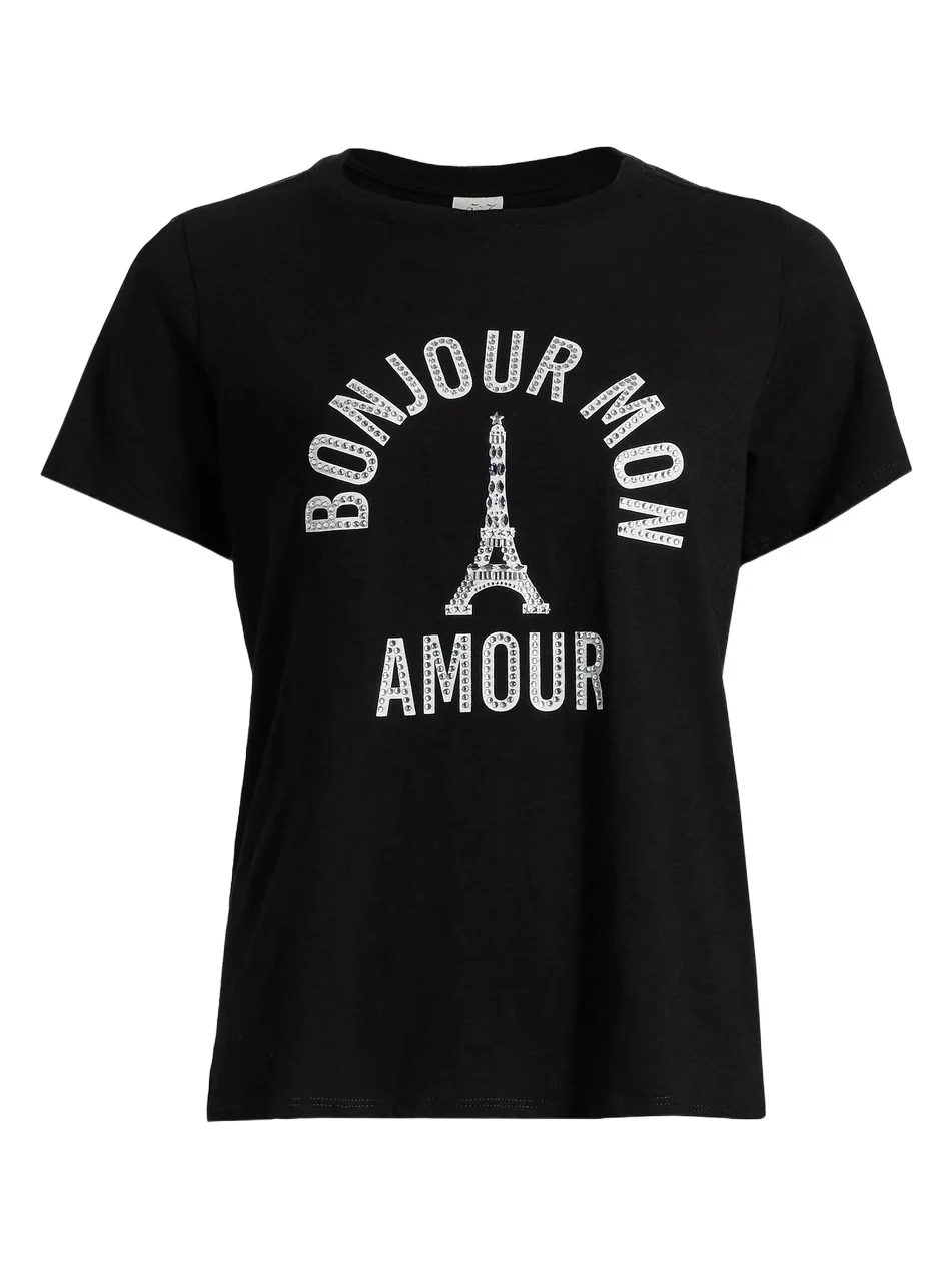 Women's 'Bonjour Mon Amour' Embellished Eiffel Tower Cotton T-Shirt Women's 'Bonjour Mon Amour' Embellished Eiffel Tower Cotton T-Shirt