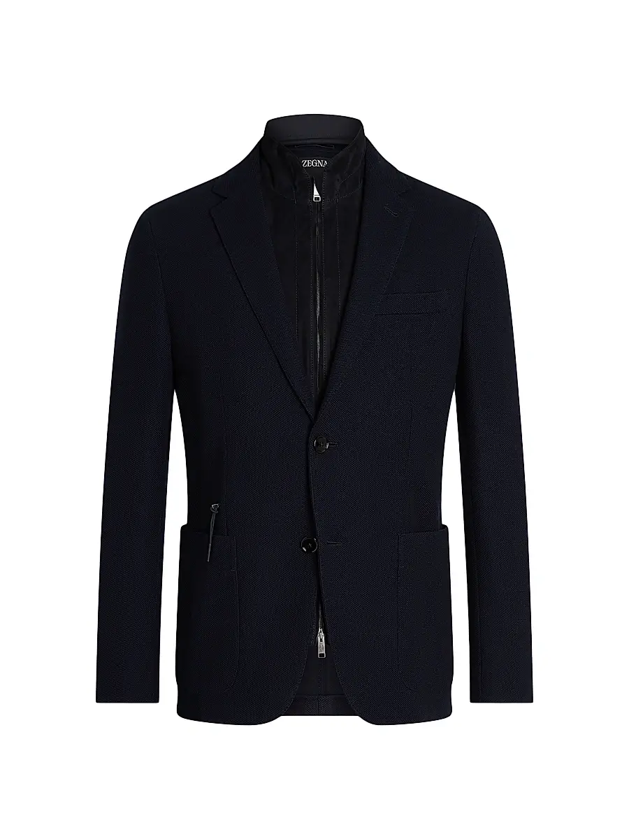 ZEGNA Men's High Performance Jersey Wool and Cotton Jacket - Navy Blue | Thumbnail 2