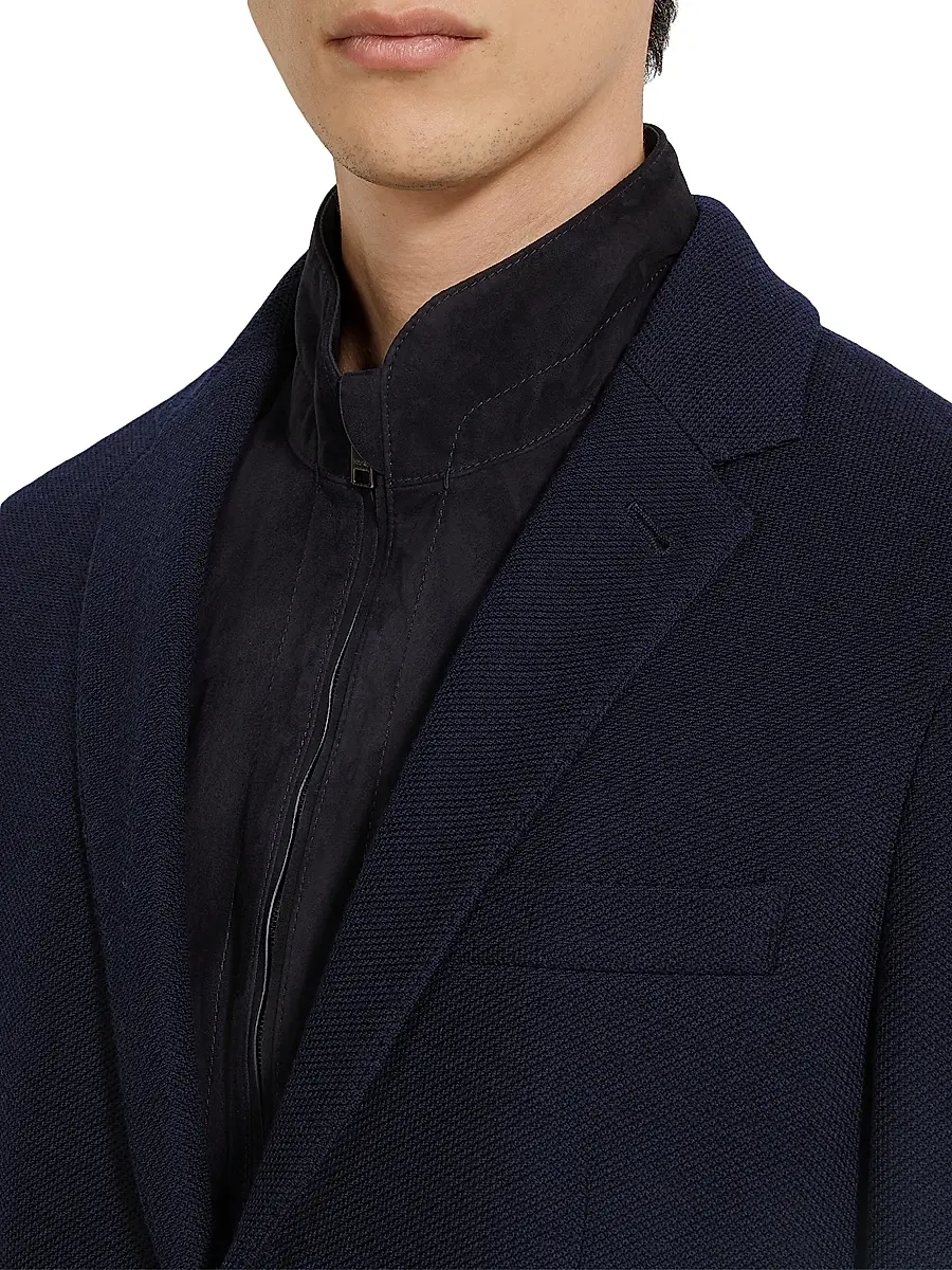 ZEGNA Men's High Performance Jersey Wool and Cotton Jacket - Navy Blue | Thumbnail 4