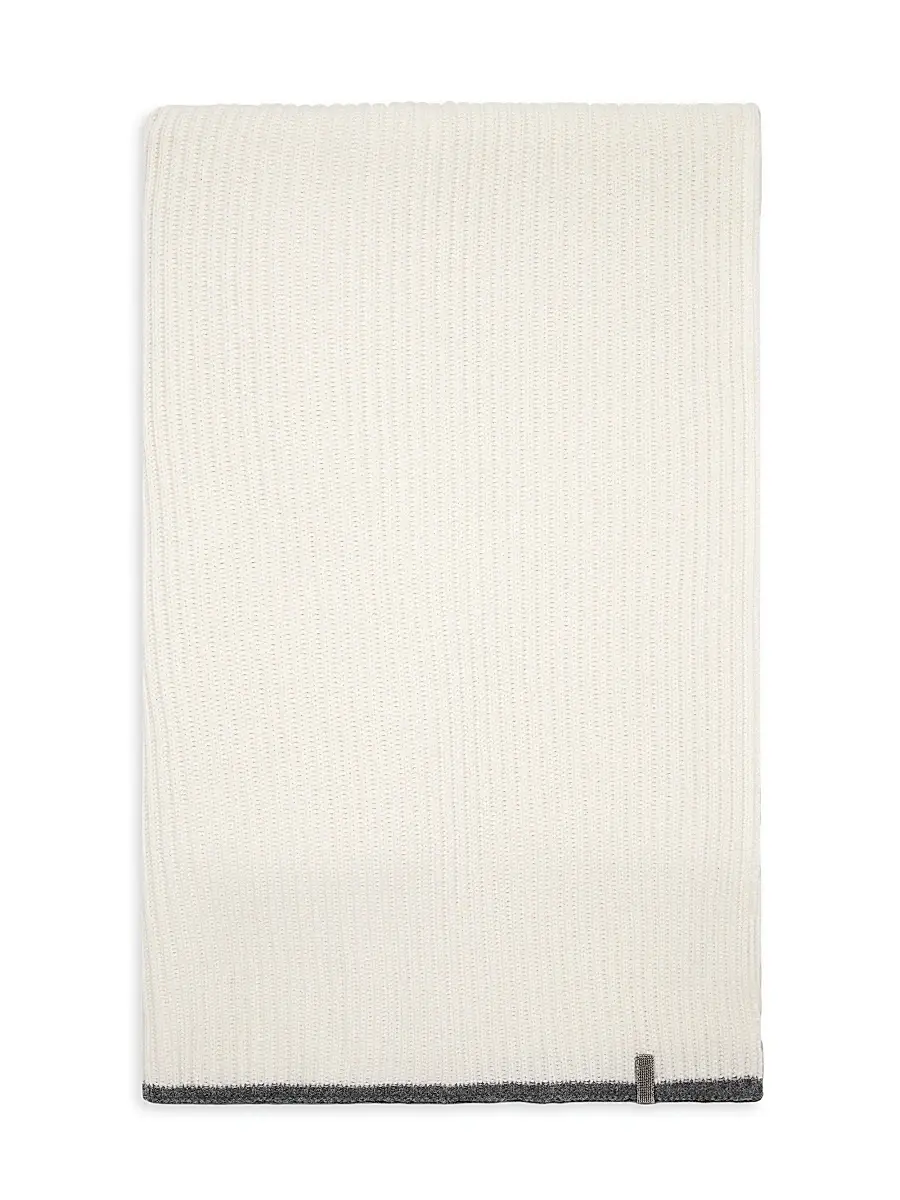 Brunello Cucinelli Women's Cashmere English Rib Knit Scarf with Monili - Fog | Image 1 Brunello Cucinelli Women's Cashmere English Rib Knit Scarf with Monili - Fog | Image 1