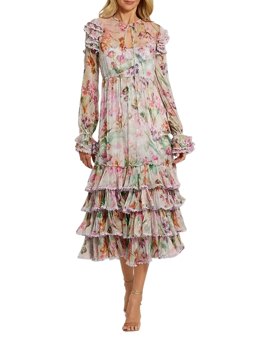 Mac Duggal Women's Floral Chiffon Tieneck Tiered Midi-Dress - Lilac Multi | Image 1 Mac Duggal Women's Floral Chiffon Tieneck Tiered Midi-Dress - Lilac Multi | Image 1