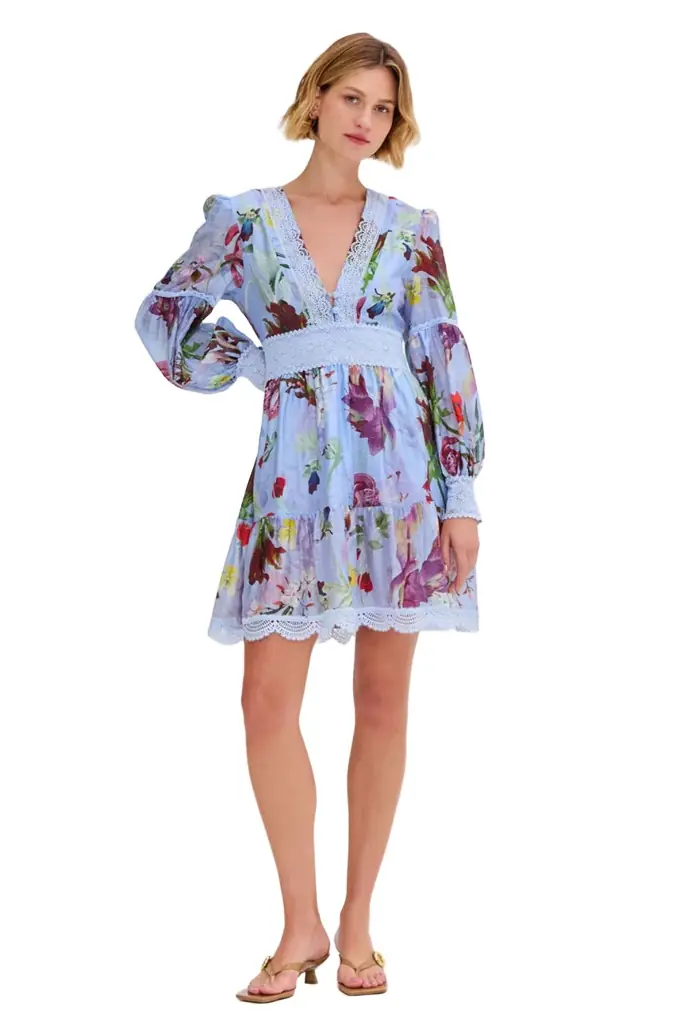 PatBo LILY FLOWER LONG SLEEVE PLUNGE MINI DRESS