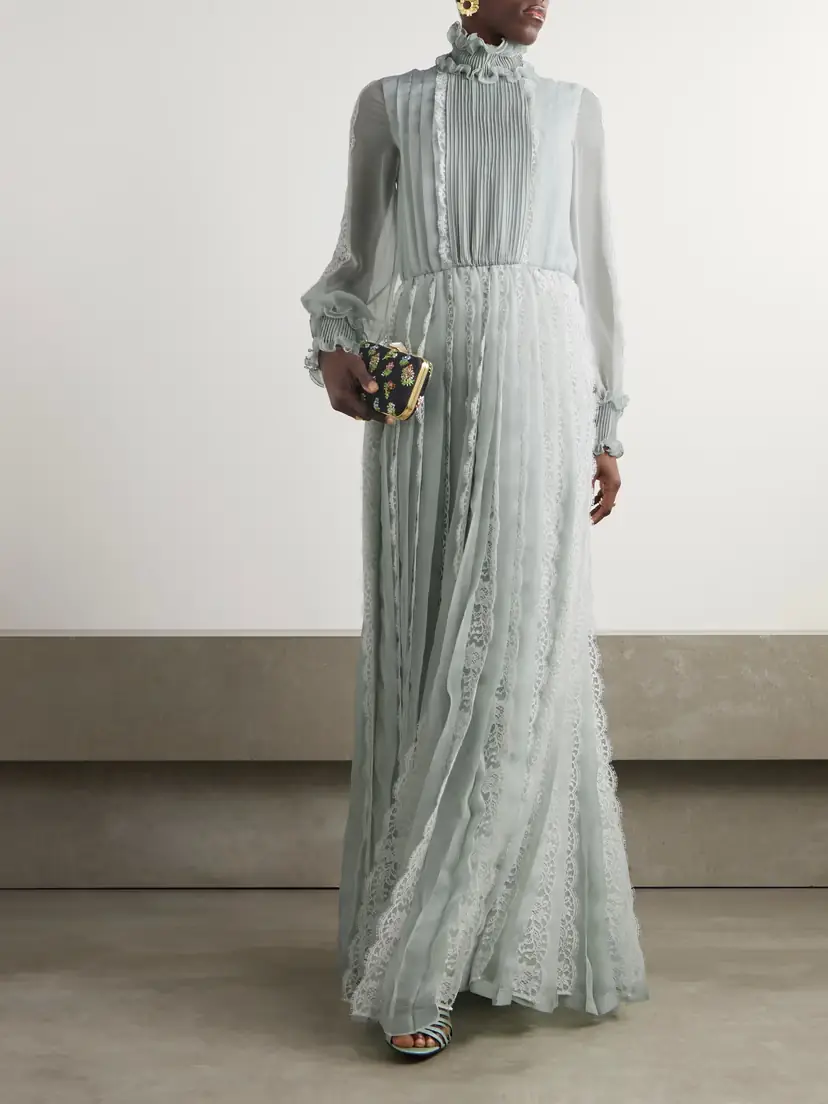 Valentino Garavani Ruffled Lace-trimmed Pleated Silk-chiffon Gown | Thumbnail 2 Valentino Garavani Ruffled Lace-trimmed Pleated Silk-chiffon Gown | Thumbnail 2