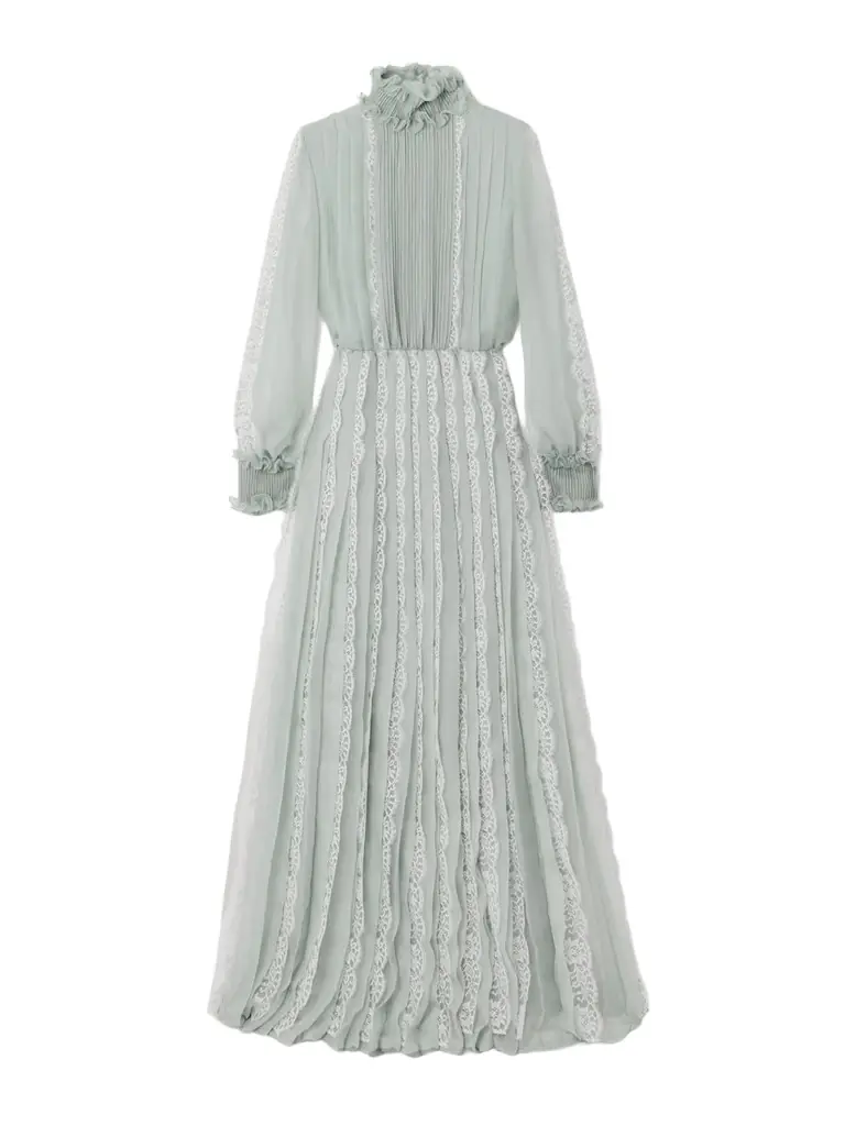 Ruffled Lace-trimmed Pleated Silk-chiffon Gown