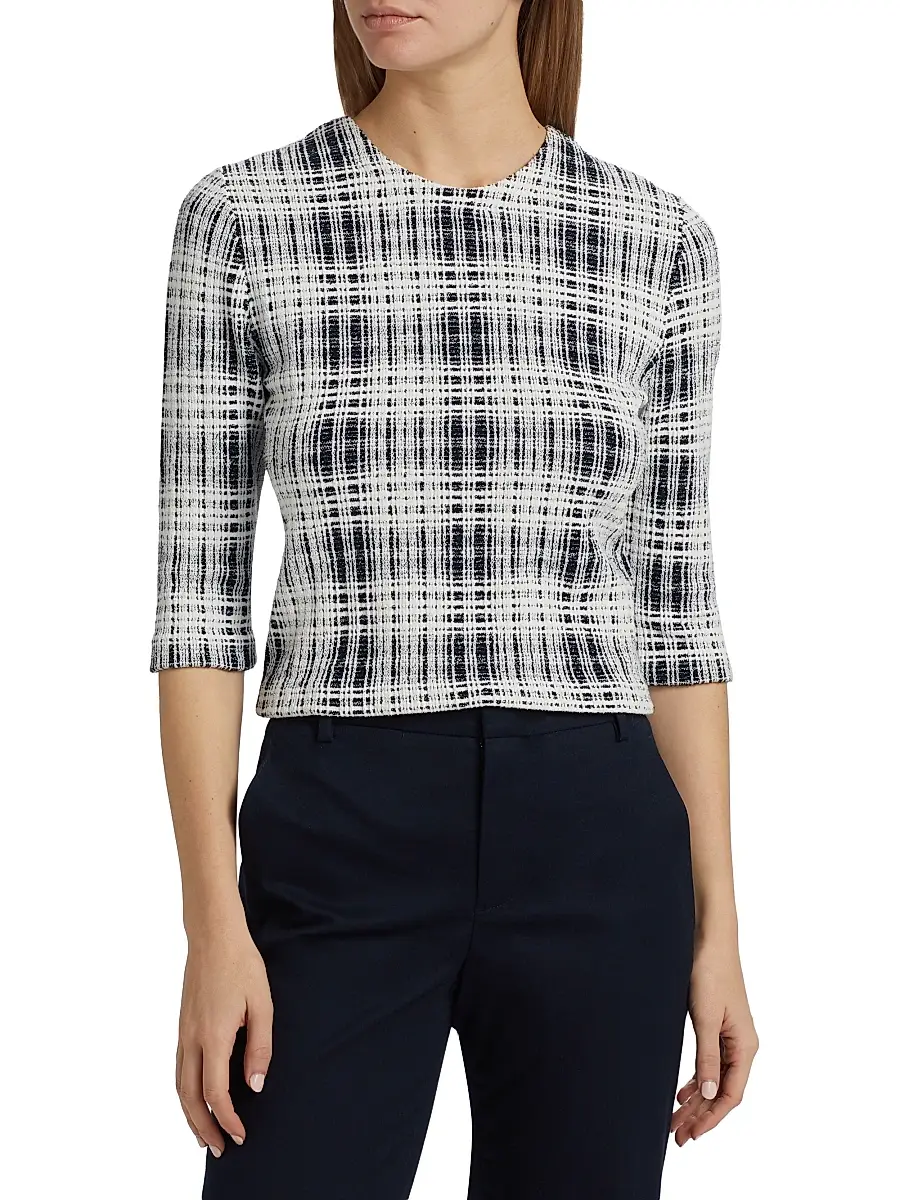 Vince Women's Boucle Plaid Elbow-Sleeve Top | Thumbnail 3 Vince Women's Boucle Plaid Elbow-Sleeve Top | Thumbnail 3