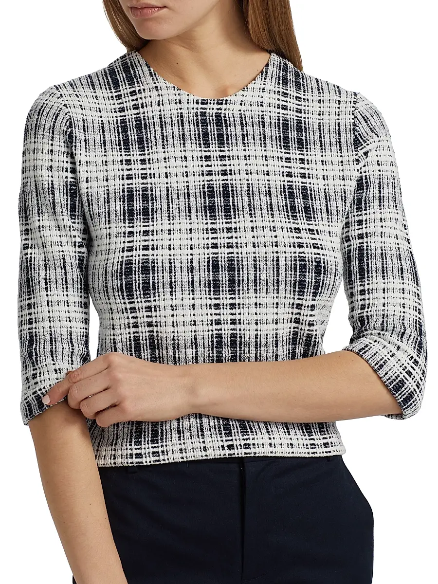 Vince Women's Boucle Plaid Elbow-Sleeve Top | Thumbnail 6 Vince Women's Boucle Plaid Elbow-Sleeve Top | Thumbnail 6