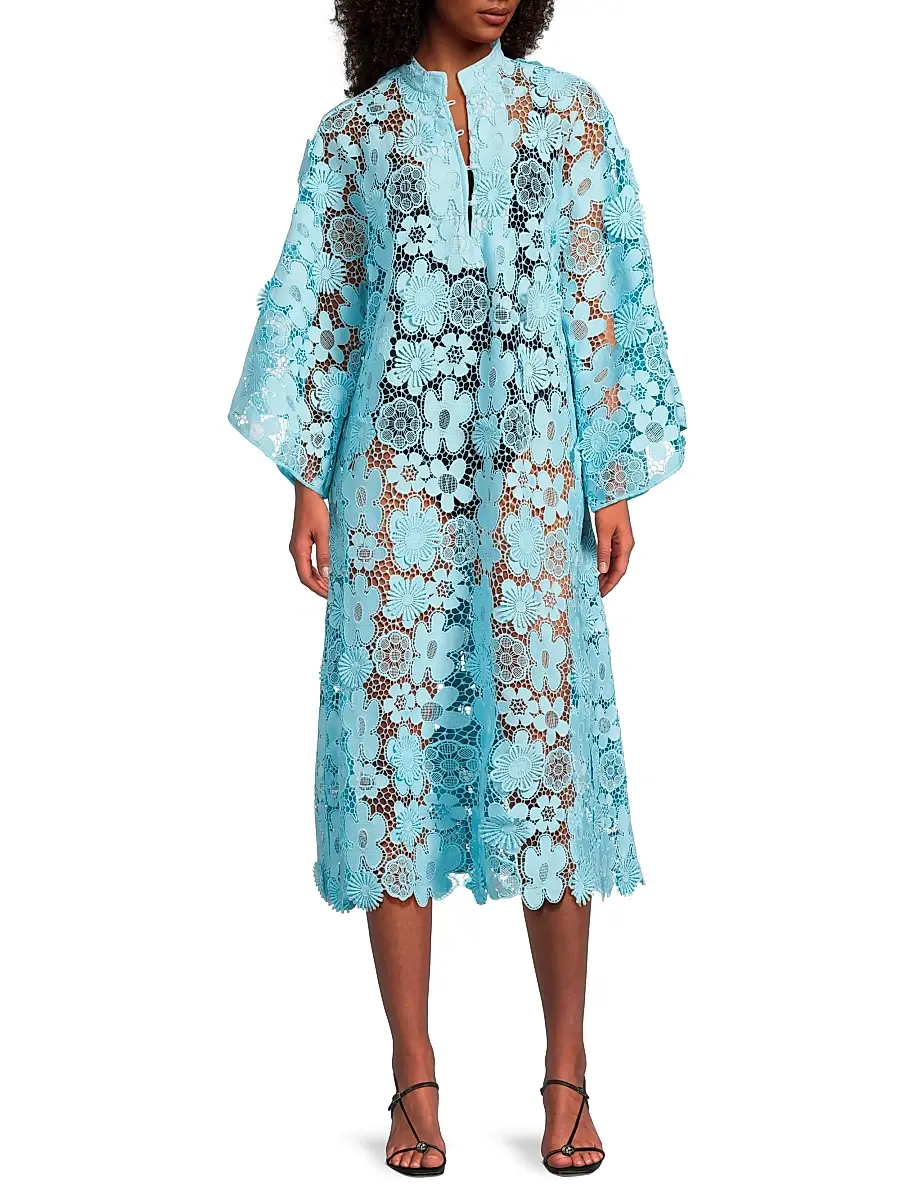 La Vie Style House Women's Mod Floral Lace Caftan - Blue | Thumbnail 2 La Vie Style House Women's Mod Floral Lace Caftan - Blue | Thumbnail 2