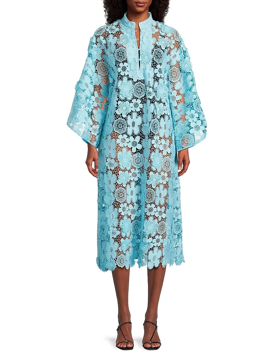 La Vie Style House Women's Mod Floral Lace Caftan - Blue | Thumbnail 3 La Vie Style House Women's Mod Floral Lace Caftan - Blue | Thumbnail 3