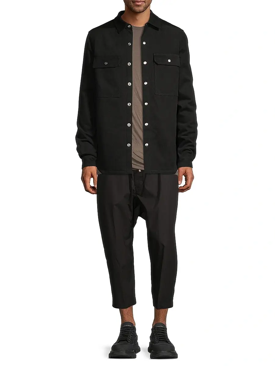 Rick Owens Men's Snap-Front Cotton Outershirt - Black | Thumbnail 2 Rick Owens Men's Snap-Front Cotton Outershirt - Black | Thumbnail 2
