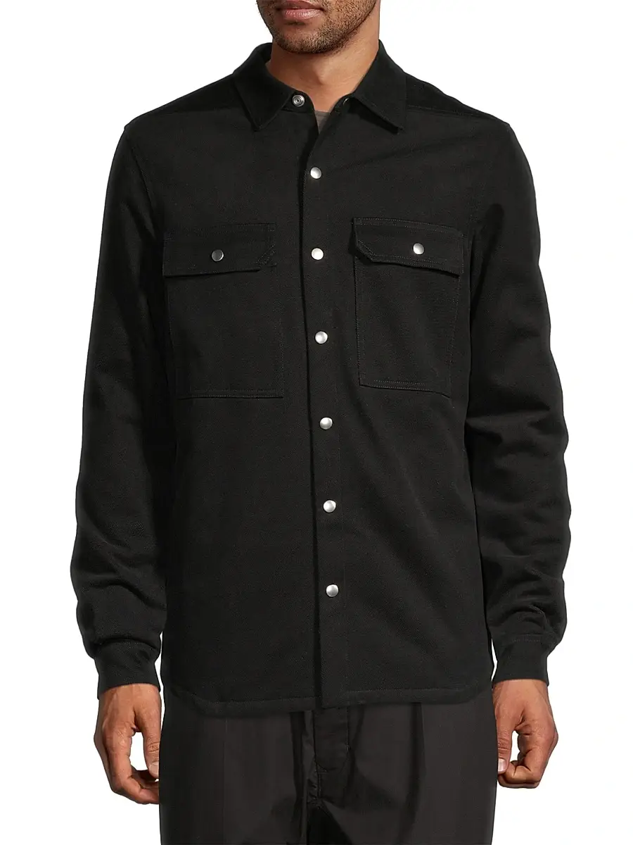 Rick Owens Men's Snap-Front Cotton Outershirt - Black | Thumbnail 3 Rick Owens Men's Snap-Front Cotton Outershirt - Black | Thumbnail 3