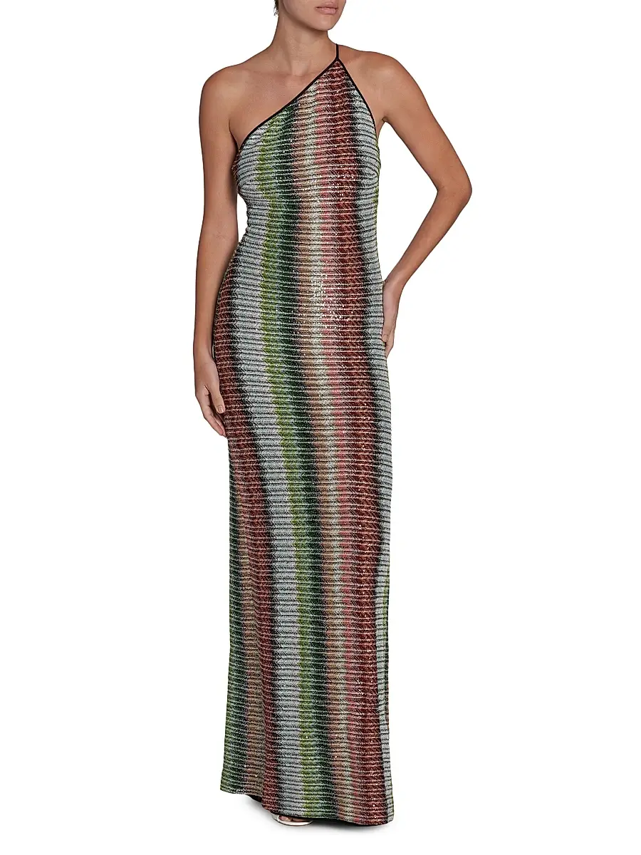 Missoni Women's Zigzag Embellished Knit One-Shoulder Maxi Dress - Multicolor Green Red | Thumbnail 2 Missoni Women's Zigzag Embellished Knit One-Shoulder Maxi Dress - Multicolor Green Red | Thumbnail 2