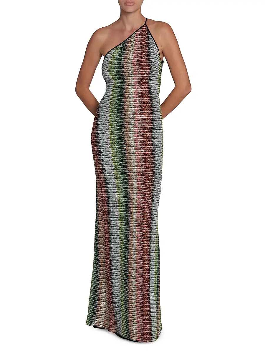 Missoni Women's Zigzag Embellished Knit One-Shoulder Maxi Dress - Multicolor Green Red | Thumbnail 3 Missoni Women's Zigzag Embellished Knit One-Shoulder Maxi Dress - Multicolor Green Red | Thumbnail 3