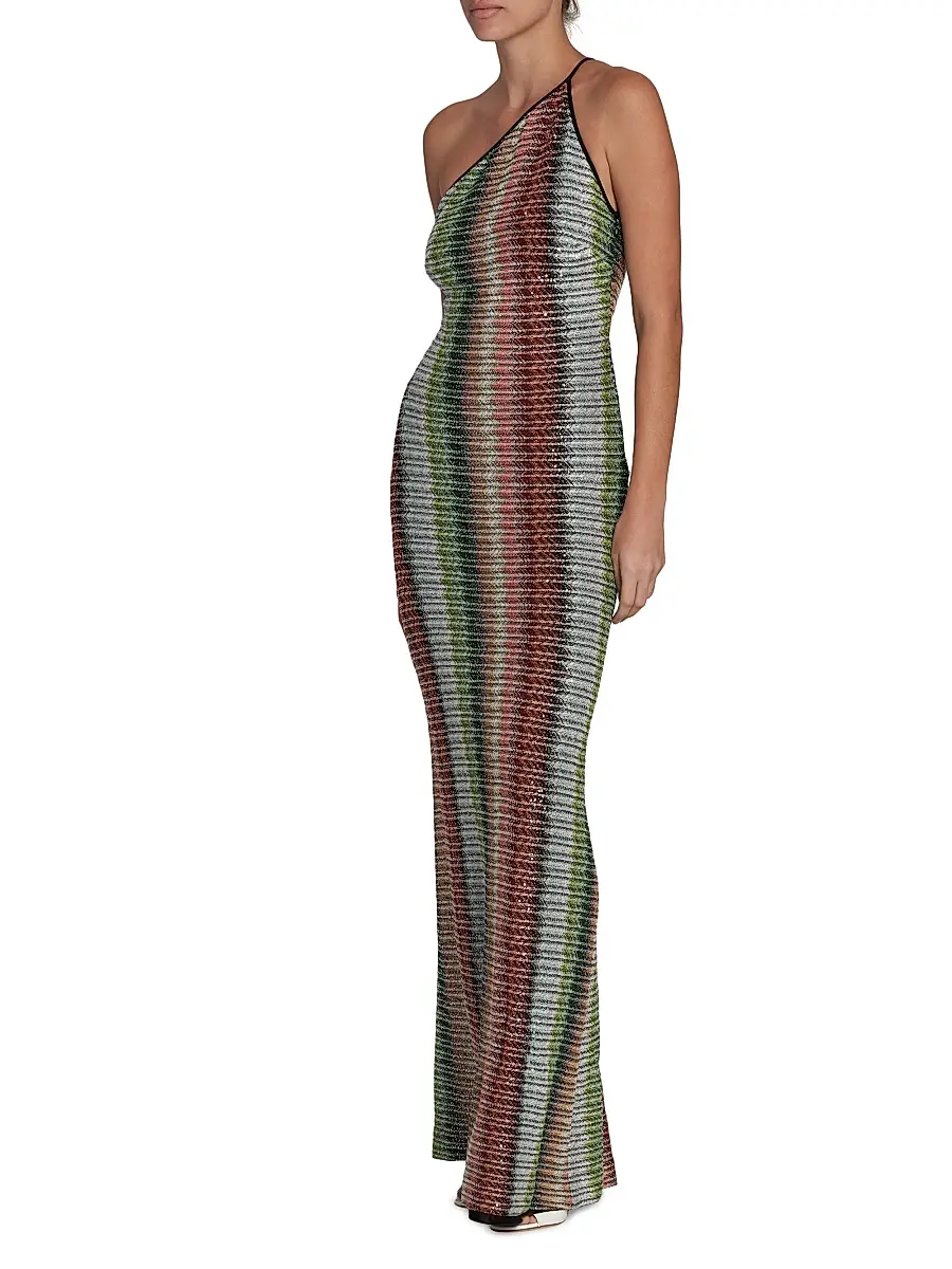 Missoni Women's Zigzag Embellished Knit One-Shoulder Maxi Dress - Multicolor Green Red | Thumbnail 4 Missoni Women's Zigzag Embellished Knit One-Shoulder Maxi Dress - Multicolor Green Red | Thumbnail 4