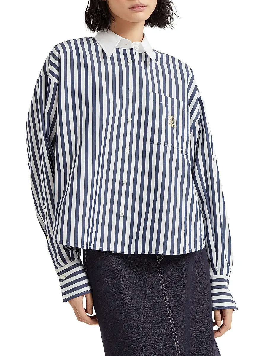 Brunello Cucinelli Women's Striped Cotton and Silk Poplin Shirt with Logo - Blue | Thumbnail 2 Brunello Cucinelli Women's Striped Cotton and Silk Poplin Shirt with Logo - Blue | Thumbnail 2