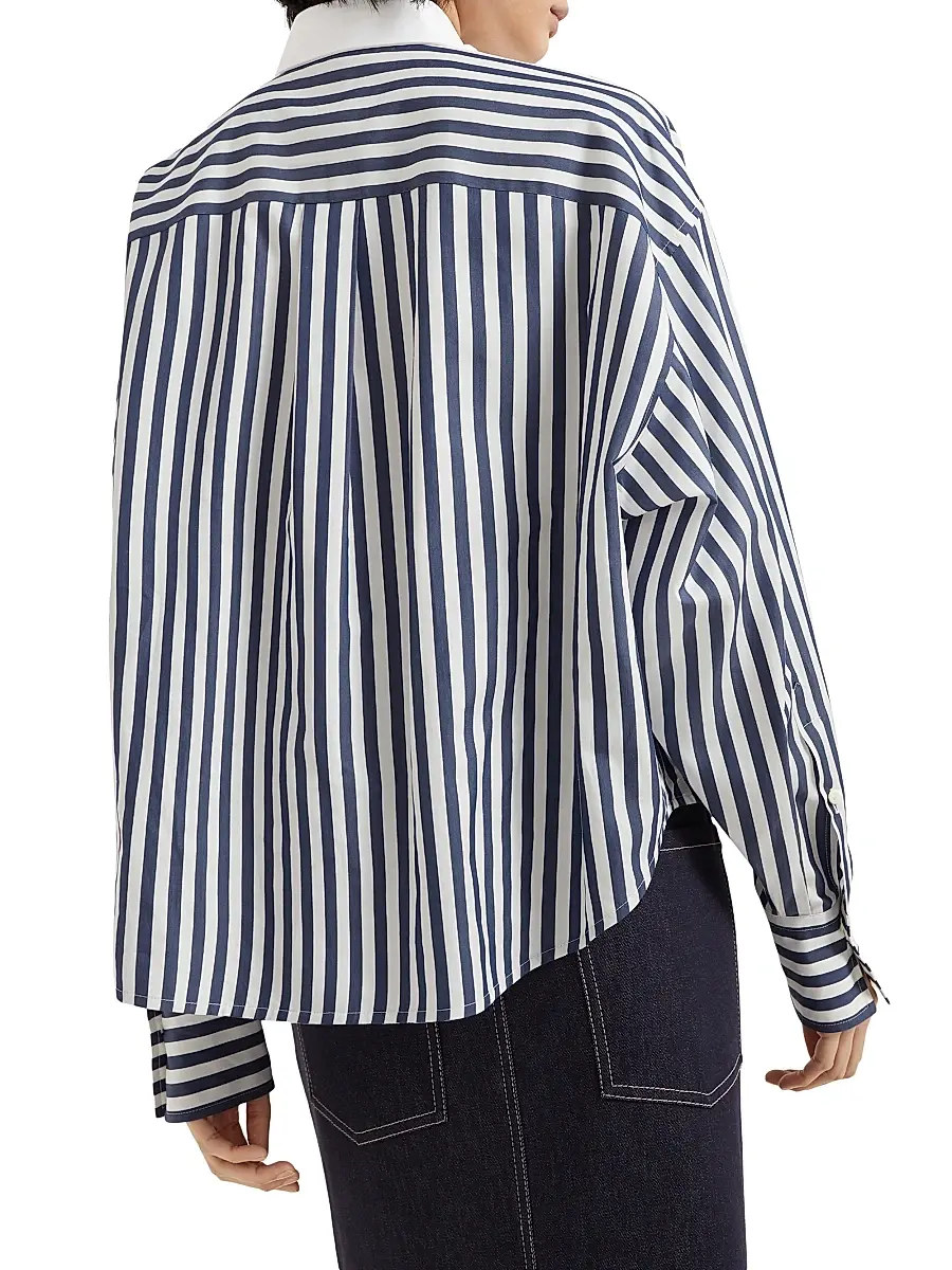 Brunello Cucinelli Women's Striped Cotton and Silk Poplin Shirt with Logo - Blue | Thumbnail 3 Brunello Cucinelli Women's Striped Cotton and Silk Poplin Shirt with Logo - Blue | Thumbnail 3
