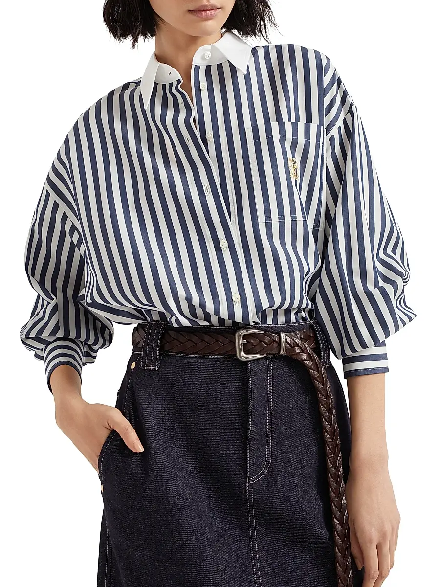 Brunello Cucinelli Women's Striped Cotton and Silk Poplin Shirt with Logo - Blue | Thumbnail 4 Brunello Cucinelli Women's Striped Cotton and Silk Poplin Shirt with Logo - Blue | Thumbnail 4