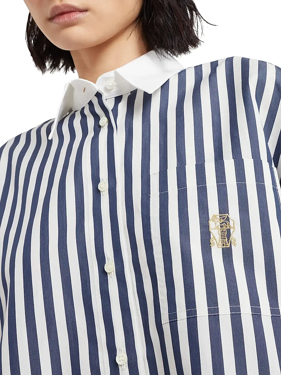 Brunello Cucinelli Women's Striped Cotton and Silk Poplin Shirt with Logo - Blue | Thumbnail 5 Brunello Cucinelli Women's Striped Cotton and Silk Poplin Shirt with Logo - Blue | Thumbnail 5