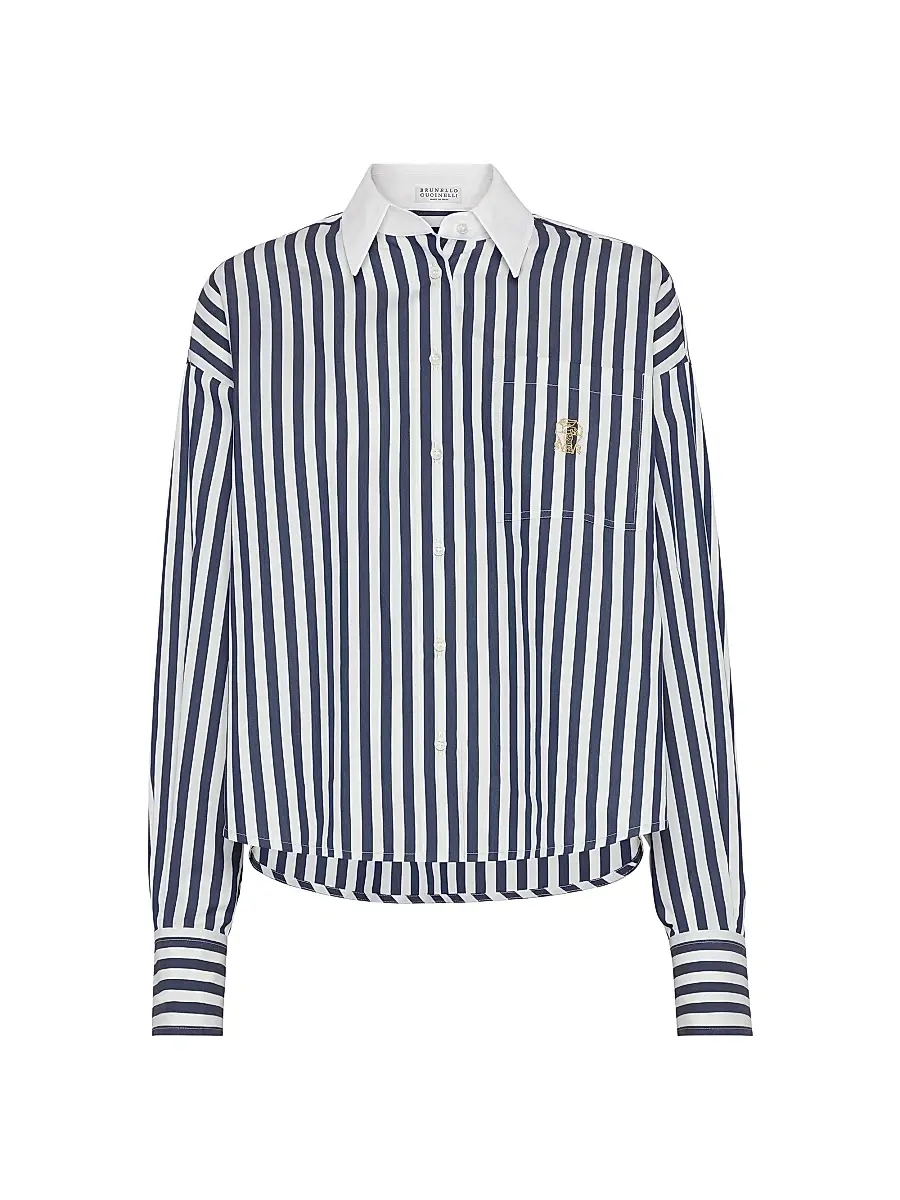 Brunello Cucinelli Women's Striped Cotton and Silk Poplin Shirt with Logo - Blue | Thumbnail 1 Brunello Cucinelli Women's Striped Cotton and Silk Poplin Shirt with Logo - Blue | Thumbnail 1