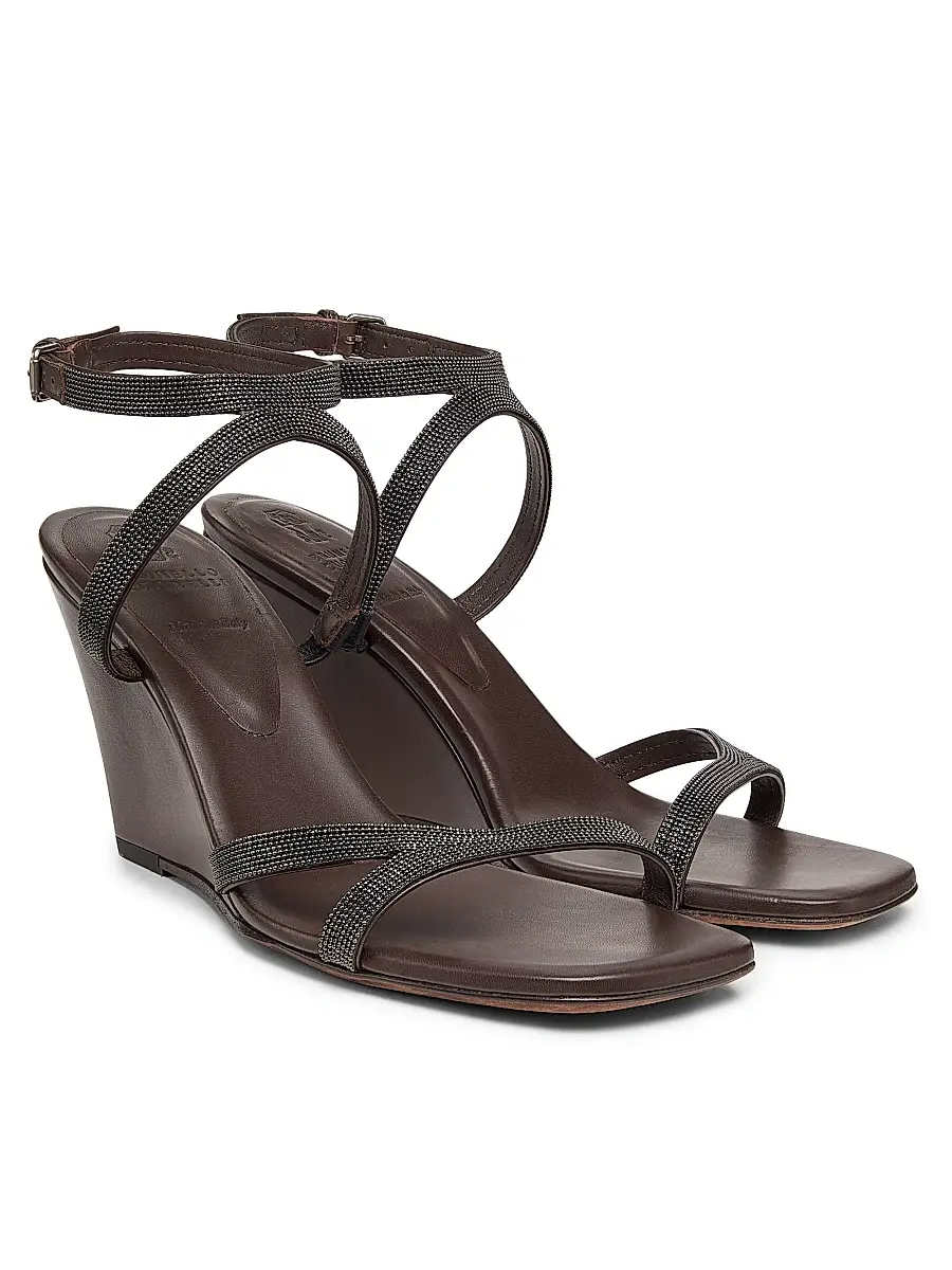 Brunello Cucinelli Women's 80MM Monili Leather Wedge Sandals - Dark Brown | Thumbnail 2 Brunello Cucinelli Women's 80MM Monili Leather Wedge Sandals - Dark Brown | Thumbnail 2