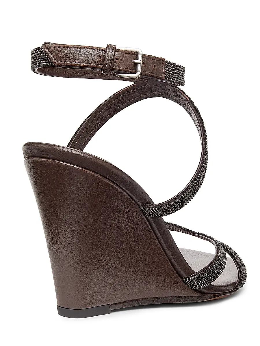 Brunello Cucinelli Women's 80MM Monili Leather Wedge Sandals - Dark Brown | Thumbnail 3 Brunello Cucinelli Women's 80MM Monili Leather Wedge Sandals - Dark Brown | Thumbnail 3